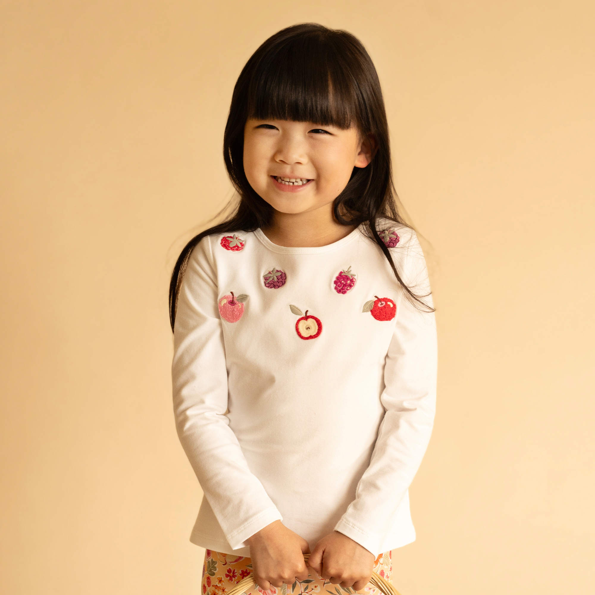 Fox & Finch Orchard Bloom Emb. Fruit Long Sleeve Tee - Cloud