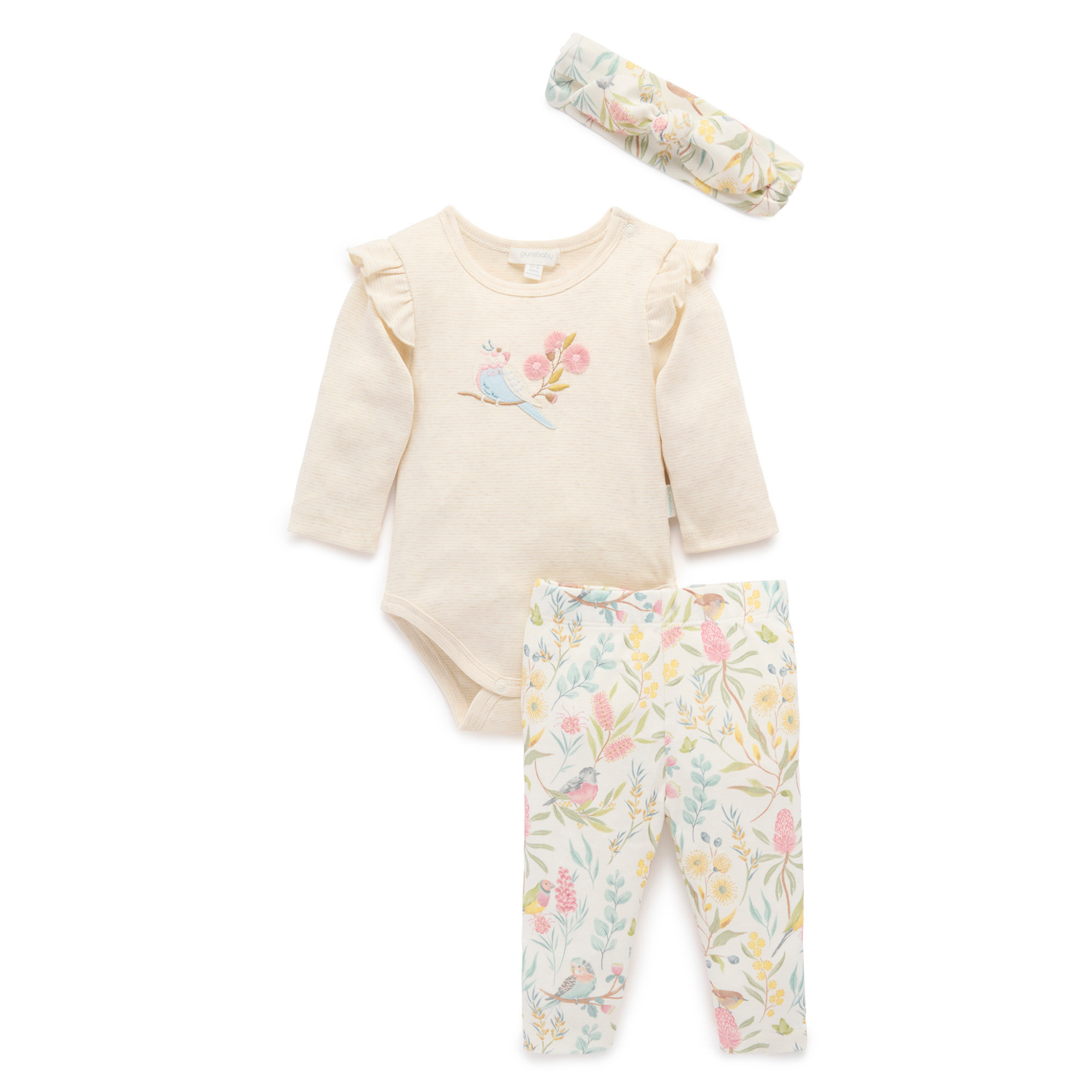 Purebaby 3 Piece Gift Pack w/ Headband - Aviary Garden