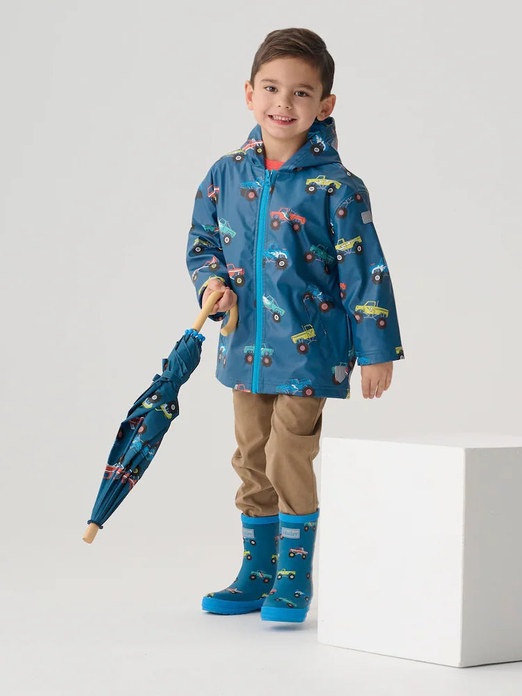 Hatley Monster Trucks Zip Up Rain Jacket - Moroccan Blue