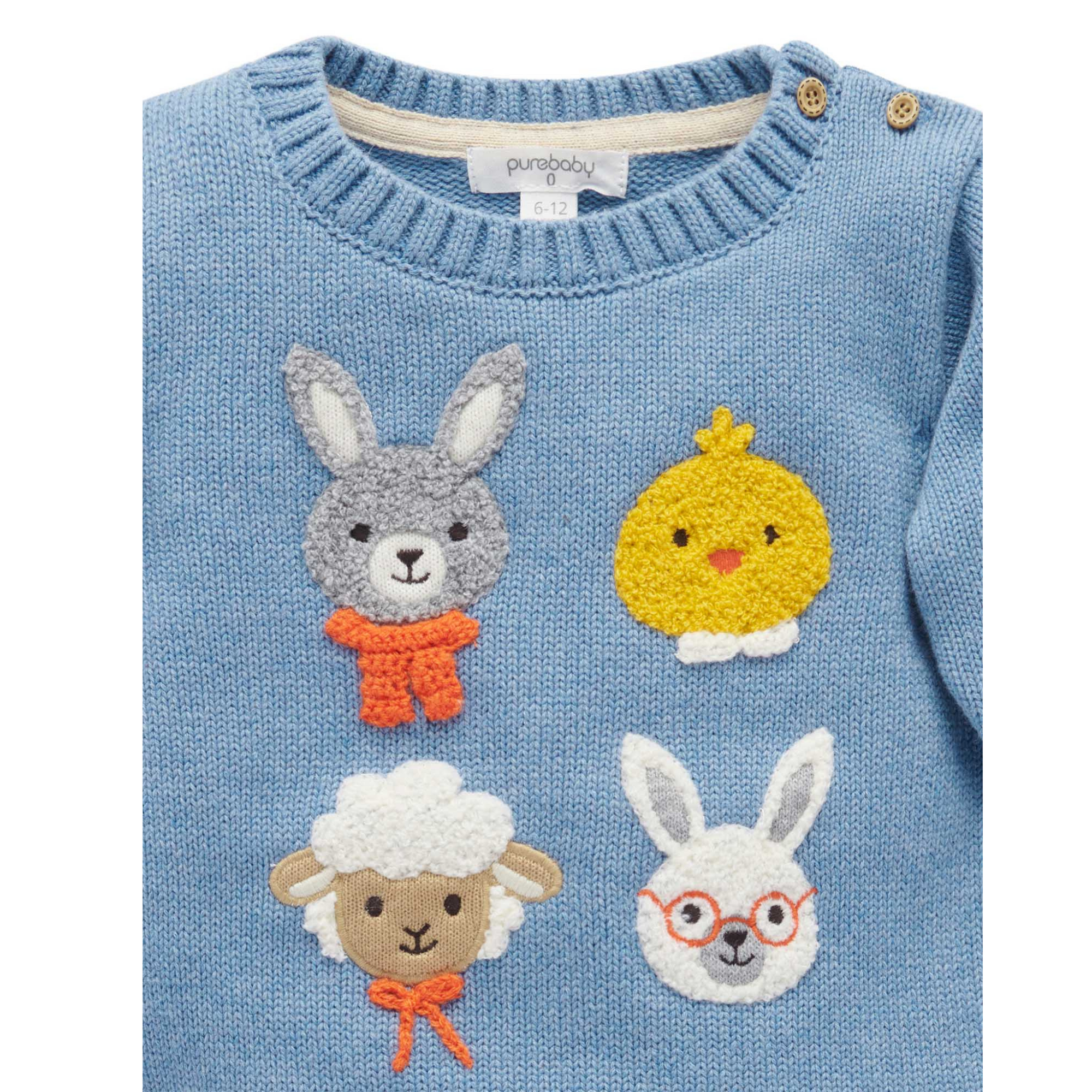 Purebaby Bunny Friends Jumper - Bluestone Melange