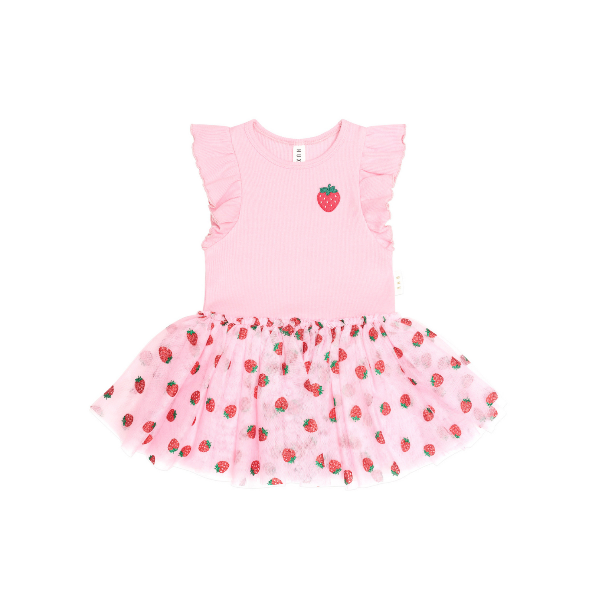 Huxbaby Strawberry Emb S/Slv Tulle Dress - Strawberry Crème