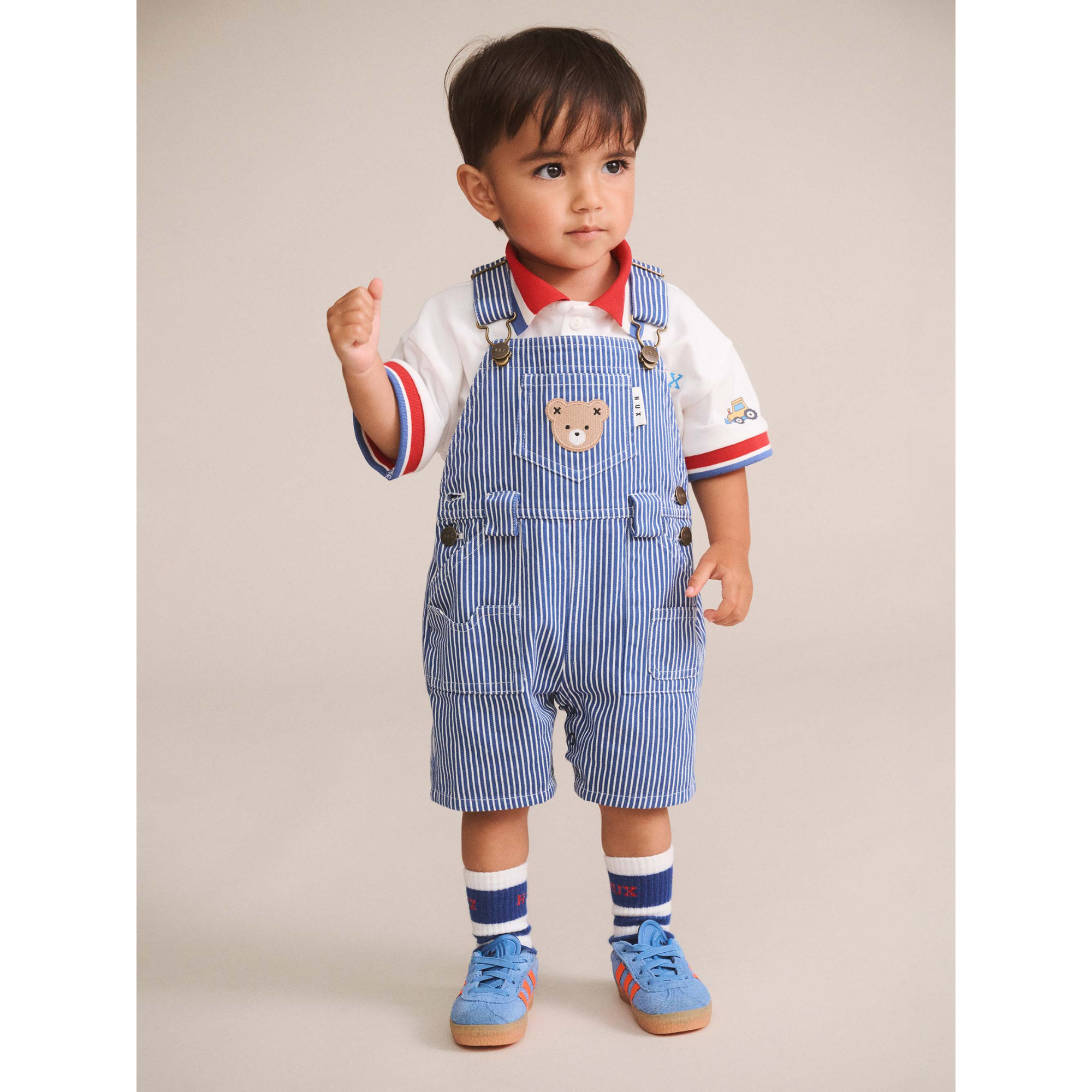 Huxbaby Cobalt Stripe Carpenter Shortall - Cobalt/ Almond Milk Stripe