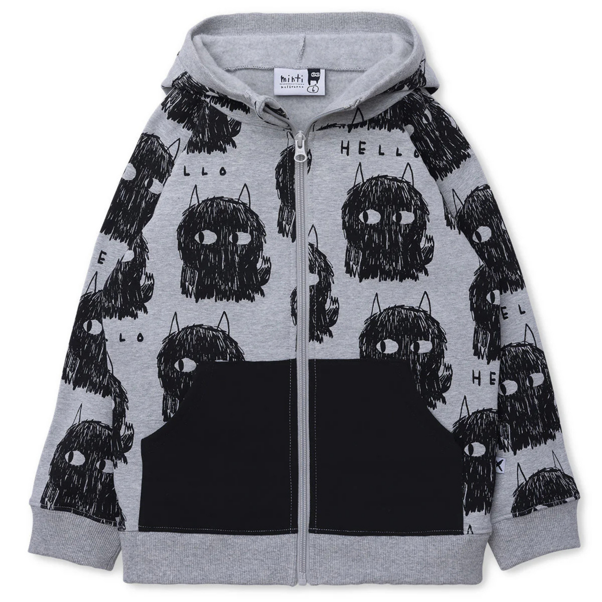 Minti - Hello Monsters Furry Zip Up - Grey Marle