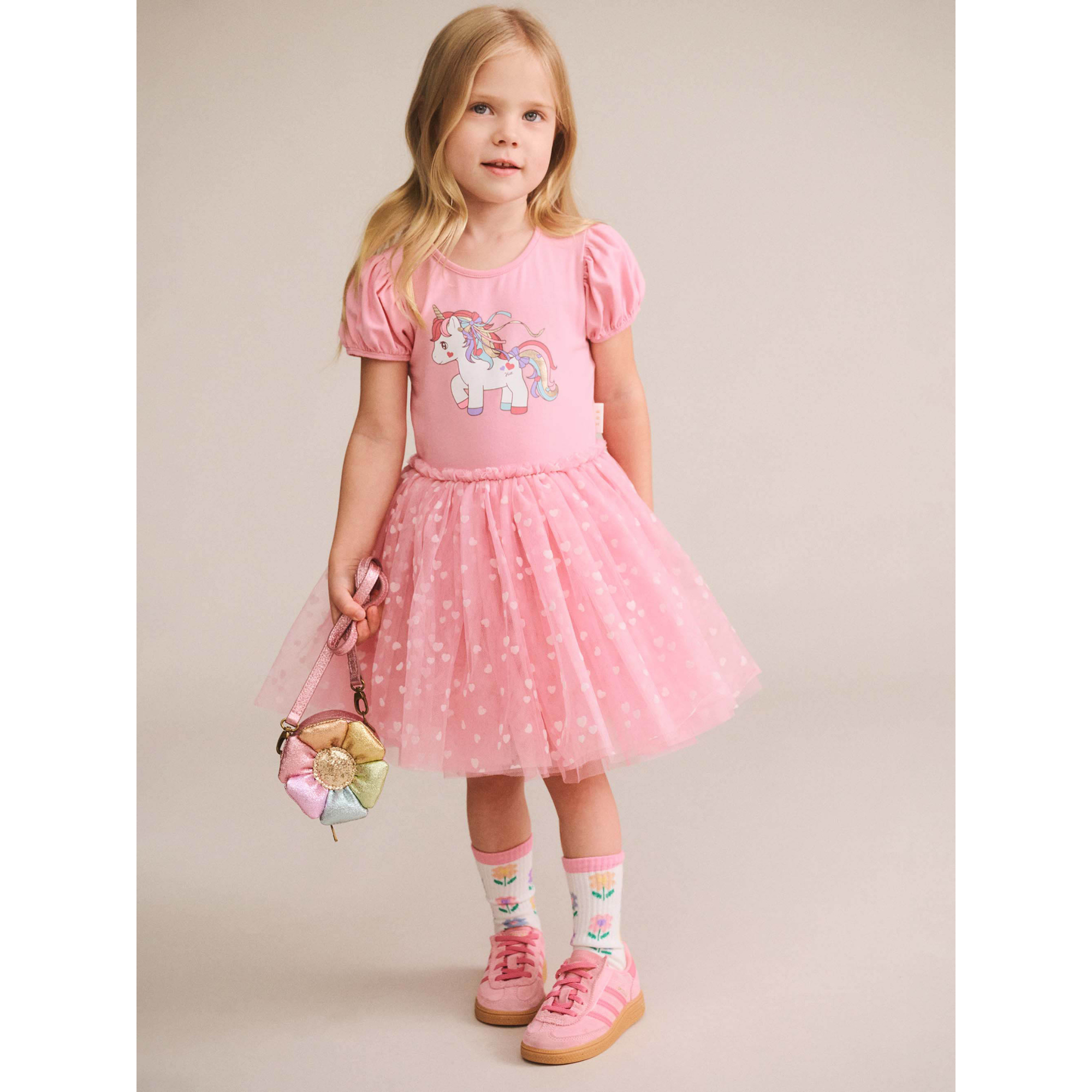 Huxbaby Magical Unicorn Puff Slv Tulle Dress - Strawberry Creme