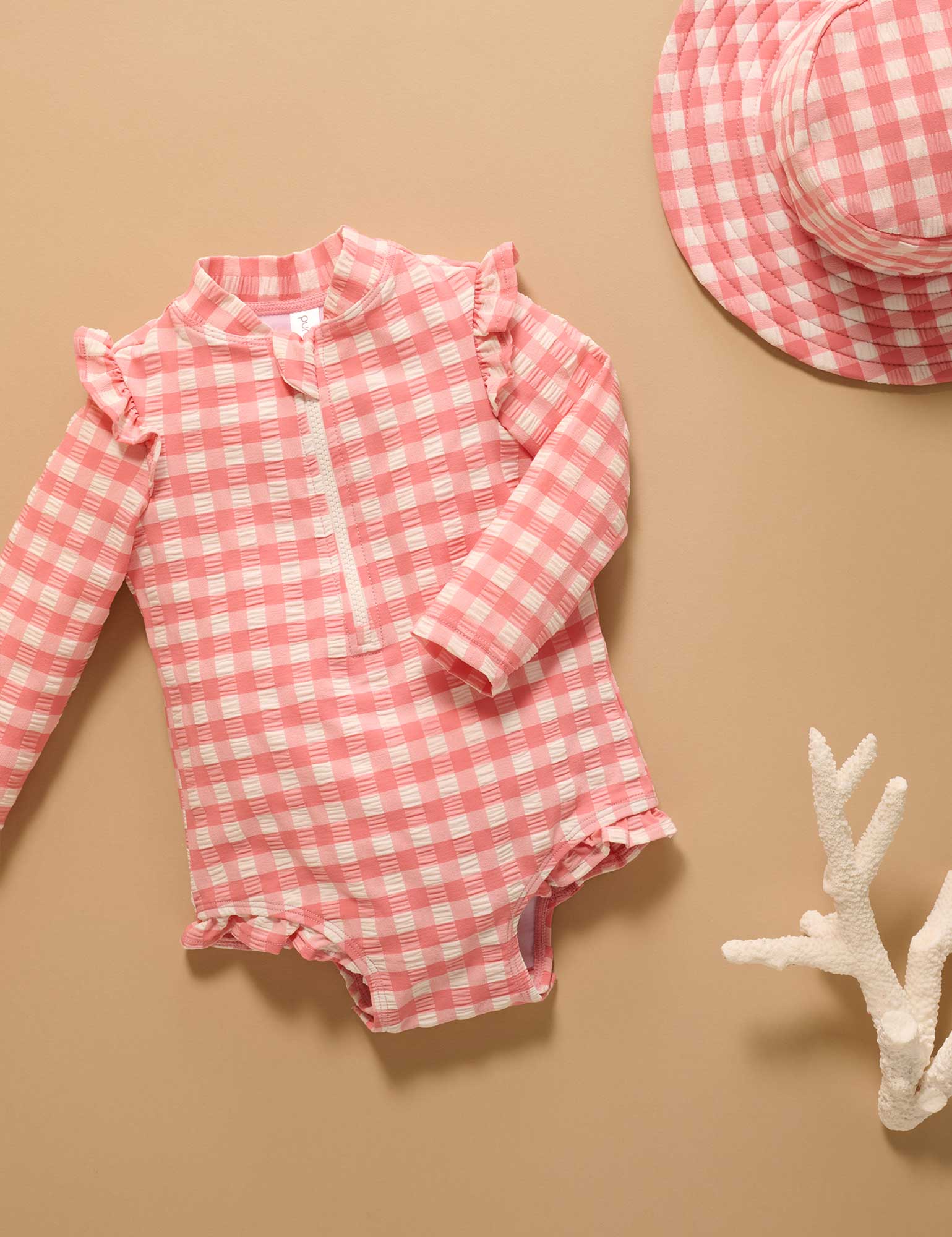 Purebaby Pomegranate Gingham Frilly Long Sleeve Swimsuit