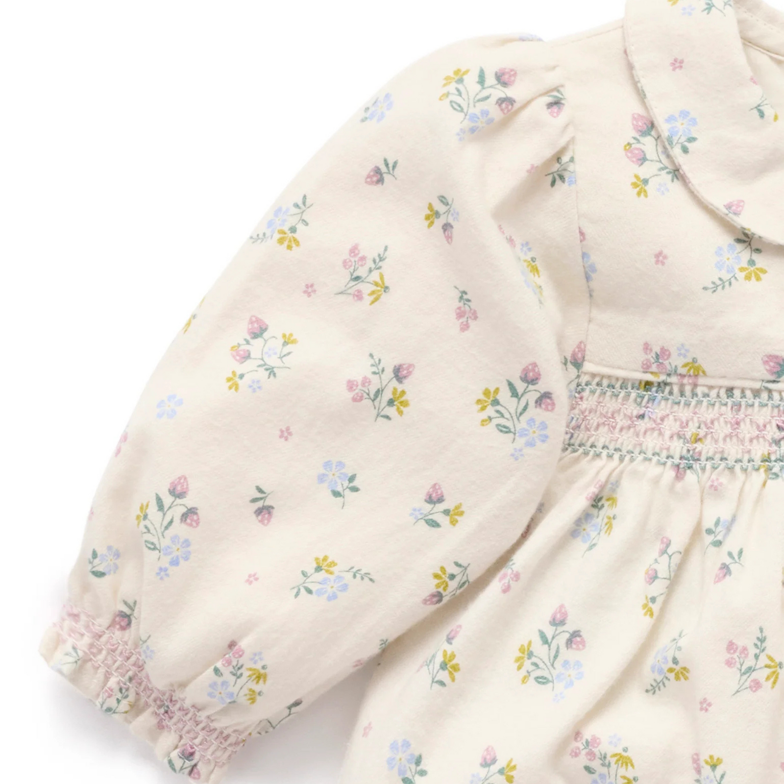 Purebaby Smocked Dress - Wheat  Strawberry  Blossom  Print