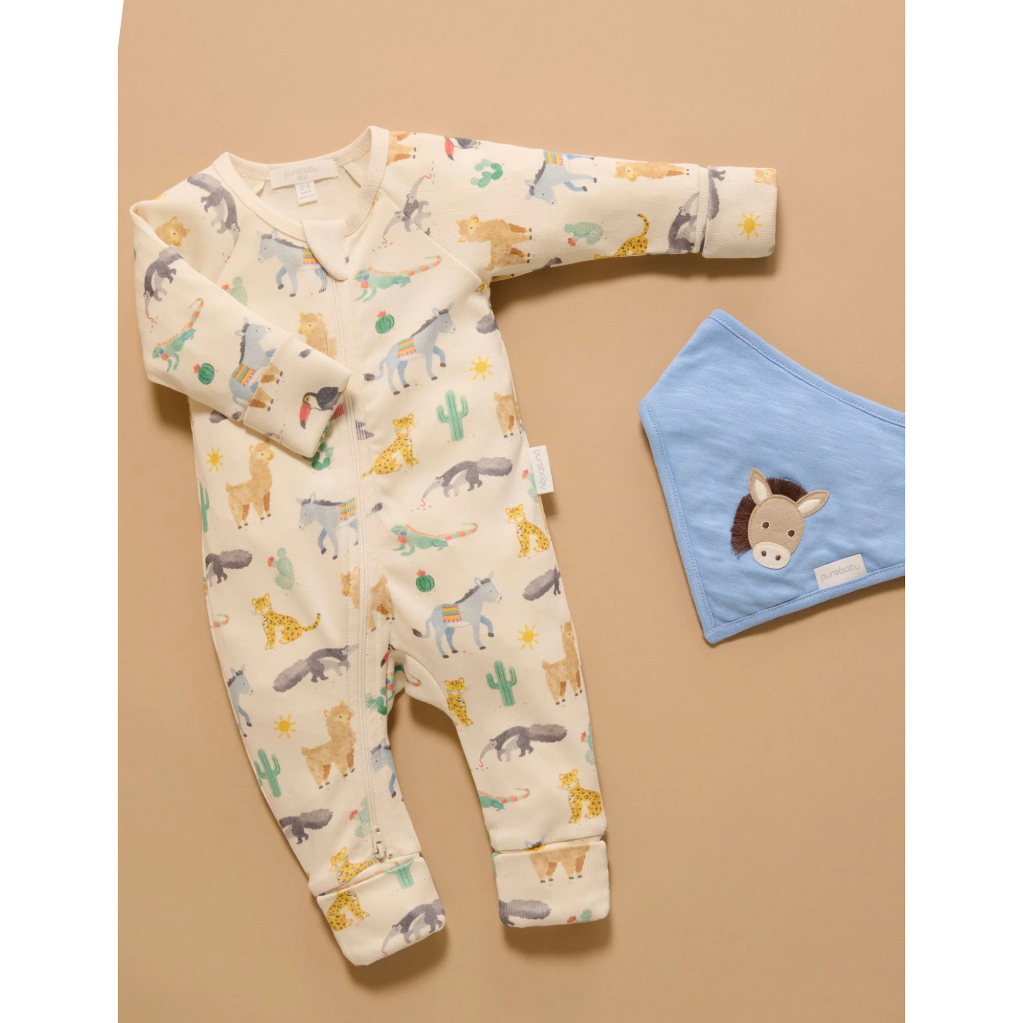 Purebaby Printed Zip Growsuit - Animal Fiesta Print
