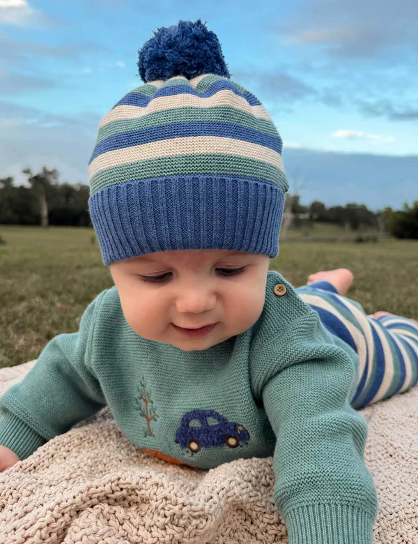 Purebaby Striped Beanie - Duck Egg Stripe
