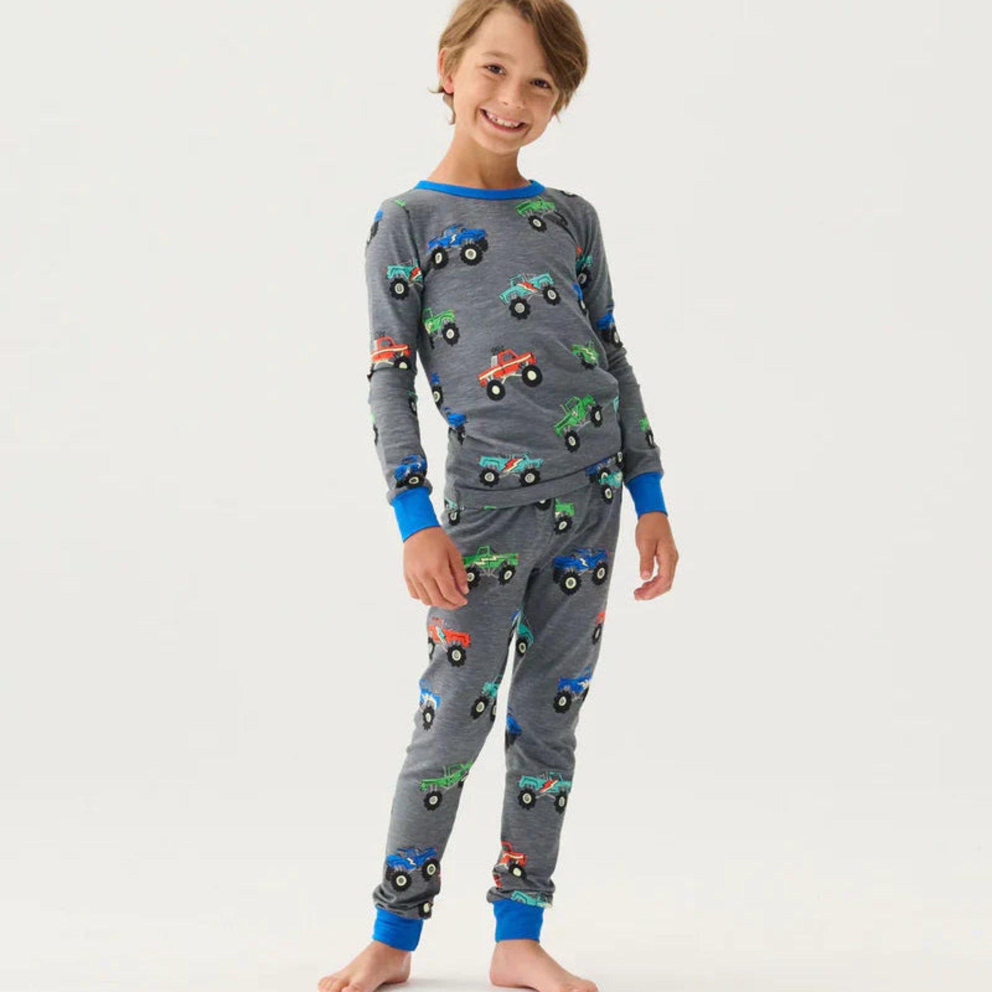 Hatley Monster Trucks Stretch Cotton Pajama Set - Folkstone Gray