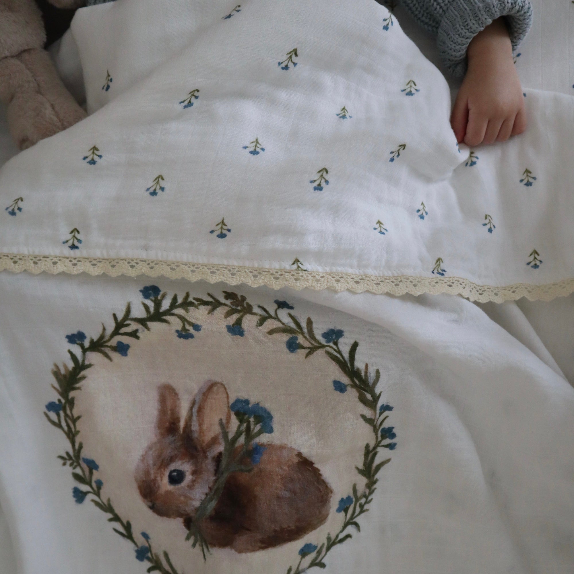 Fledge And Thread Heirloom blanket - Bunny and blue floral