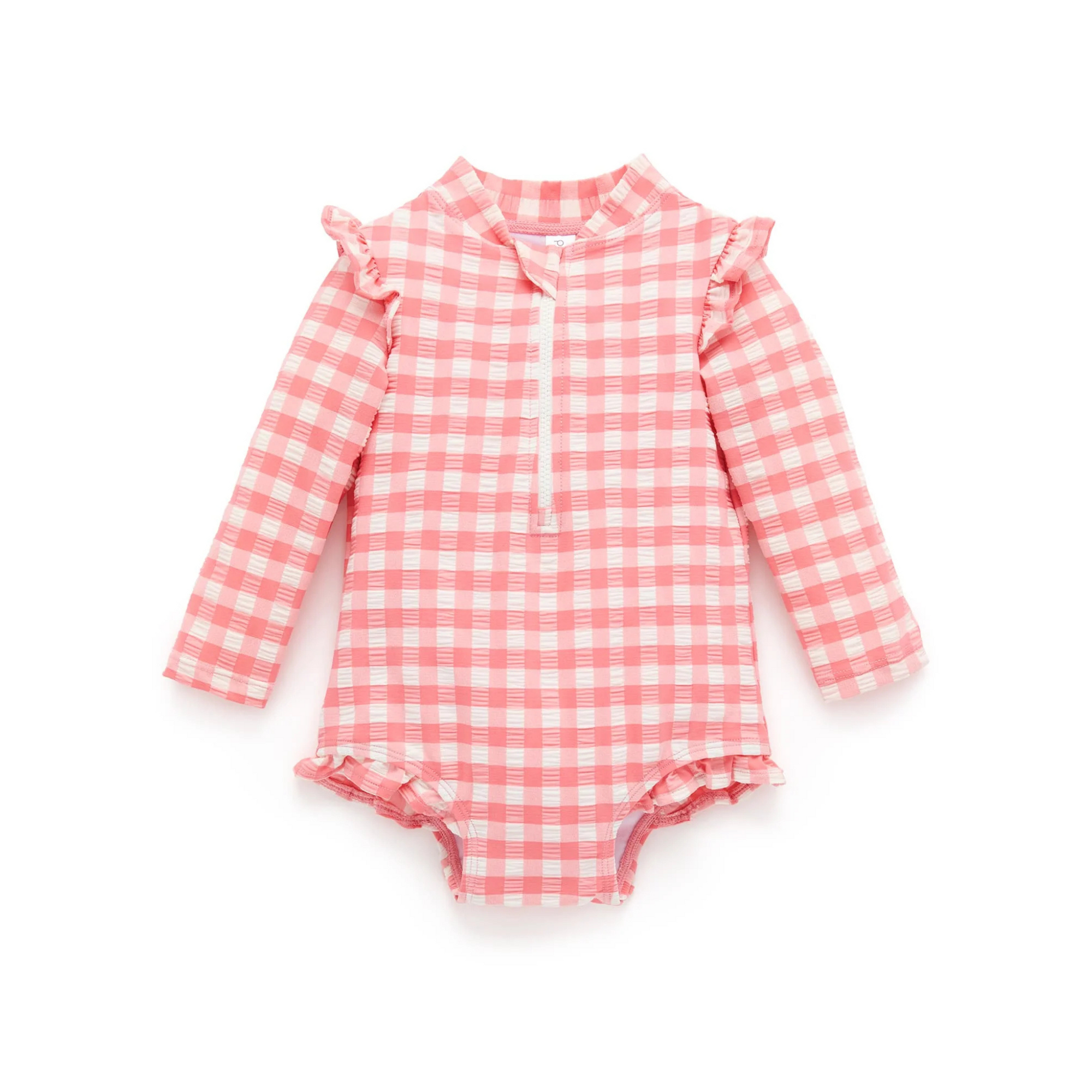 Purebaby Pomegranate Gingham Frilly Long Sleeve Swimsuit