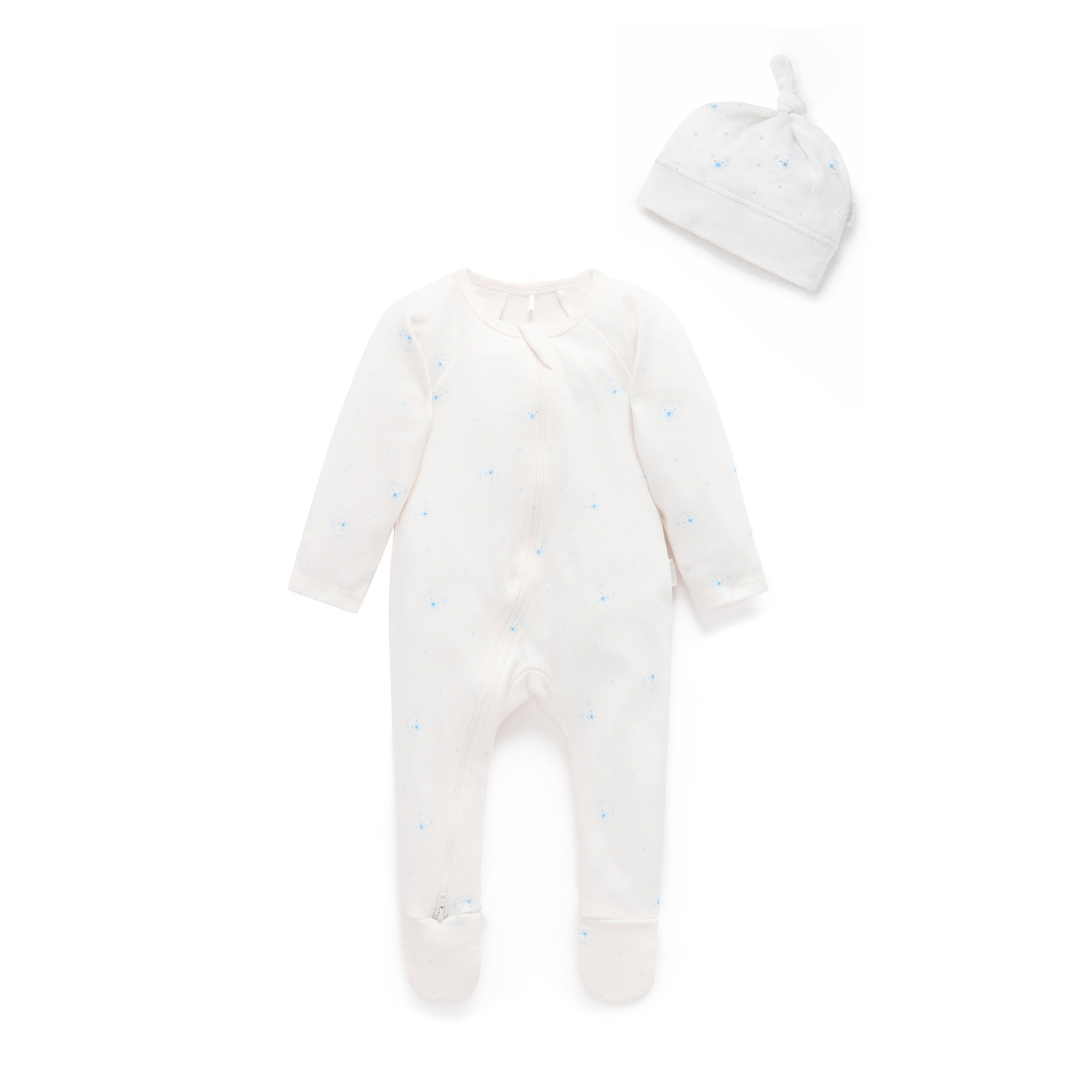 Purebaby Pale Blue Bear Pack Zip Growsuit & Hat Set