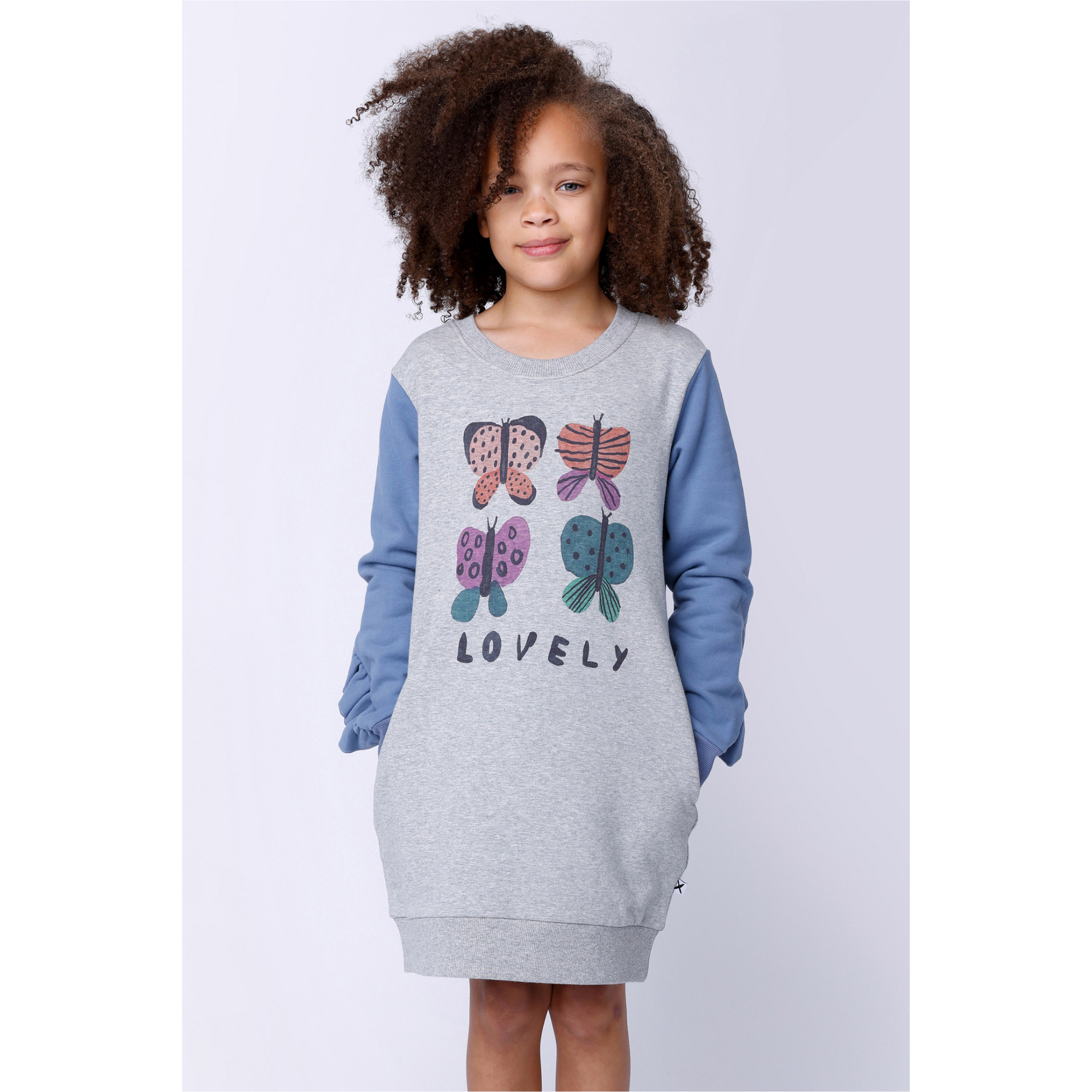 Minti Lovely Butterflies Furry Dress - Grey Marle/Blue