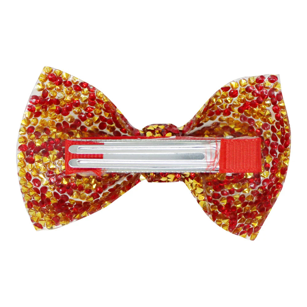 Brilliant and Bright Rhinestone Bow Hairclip, Red and Gold