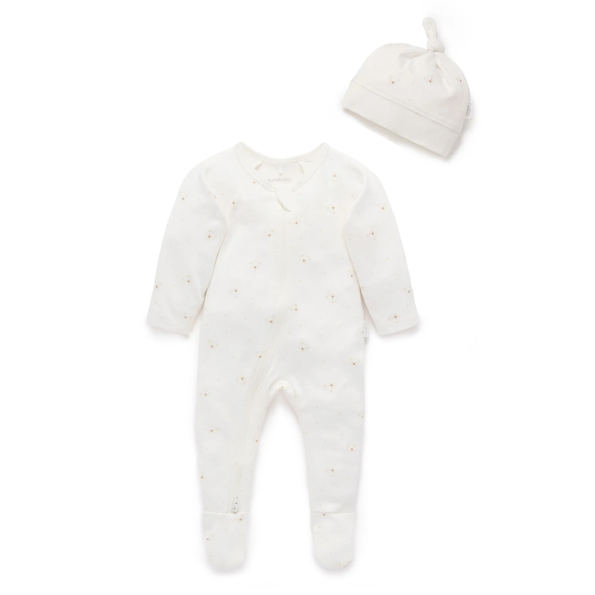 Purebaby Zip Growsuit &amp; Hat Set - Vanilla Bear