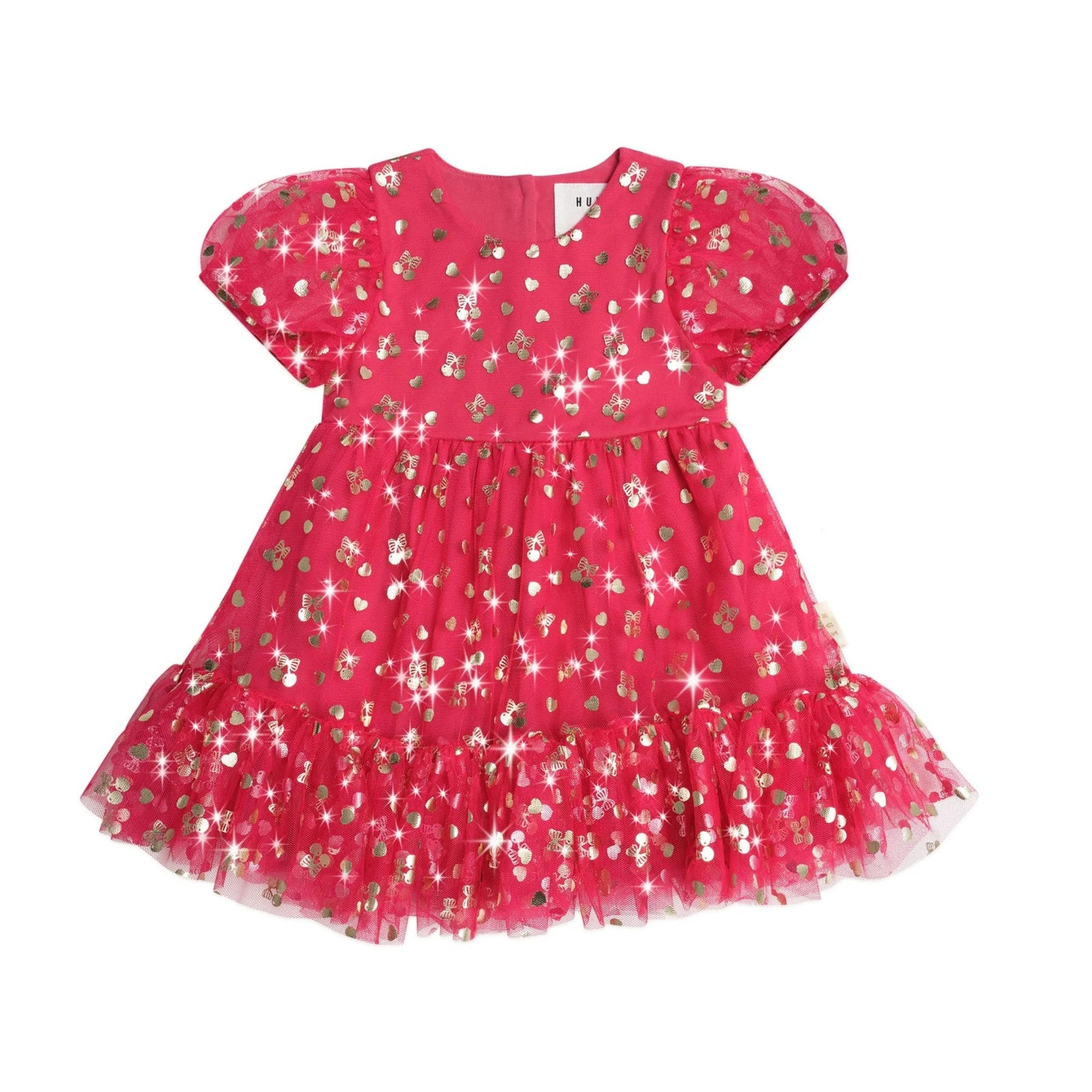 Huxbaby - Golden Cherries Puff Sleeve Tulle Dress