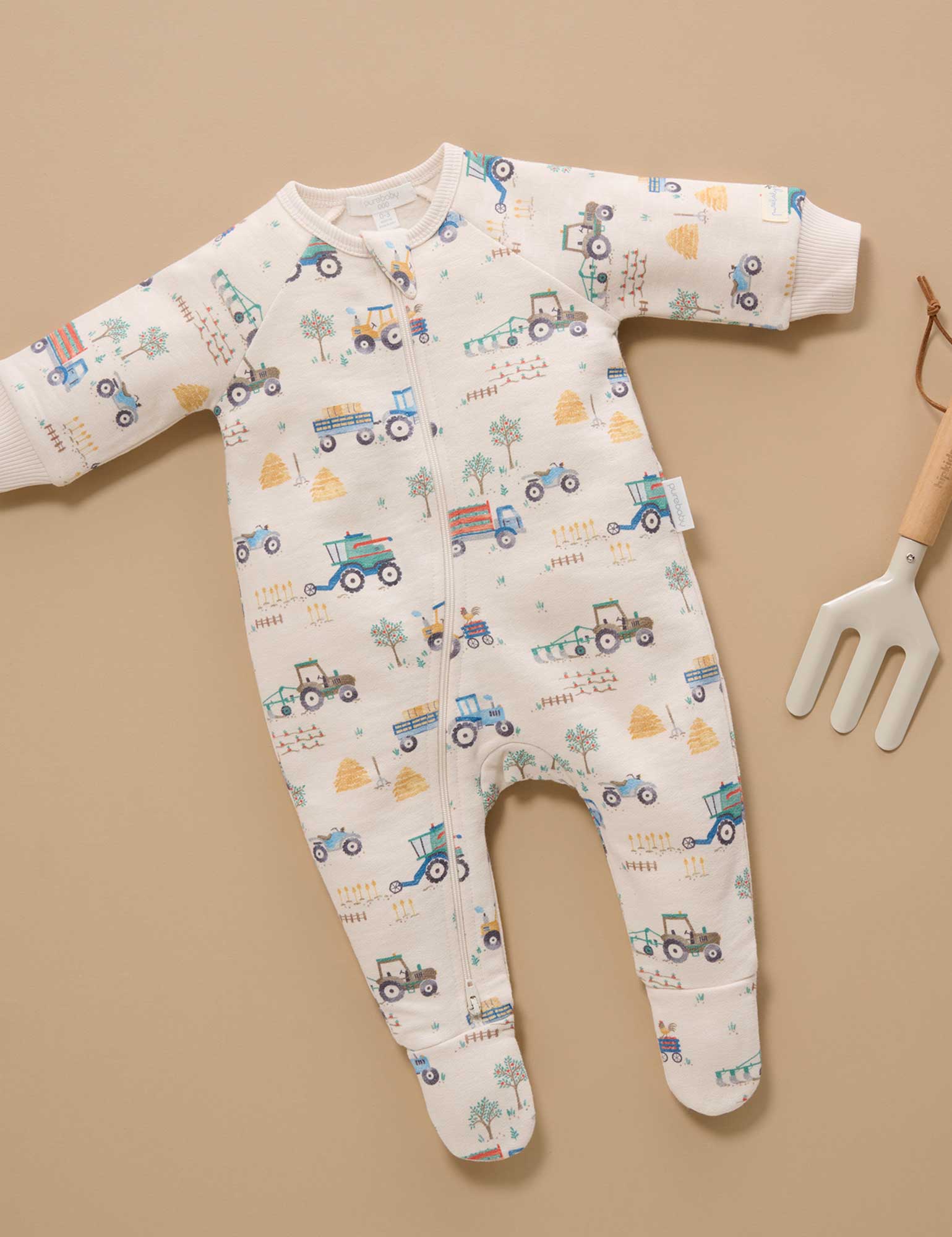 Purebaby Farm Vehicles Fleece Zip Growsuit
