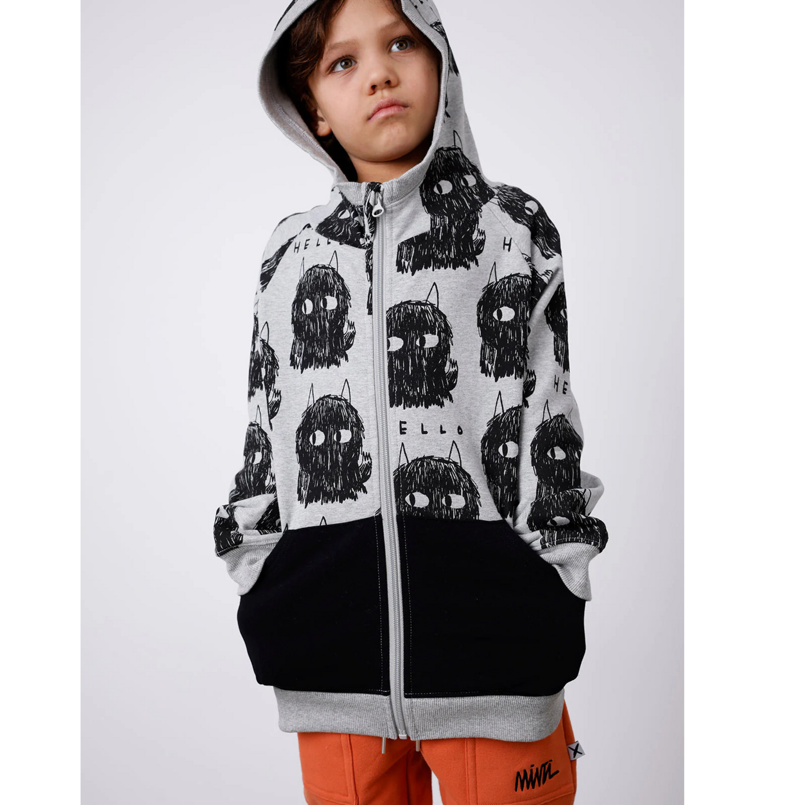 Minti - Hello Monsters Furry Zip Up - Grey Marle