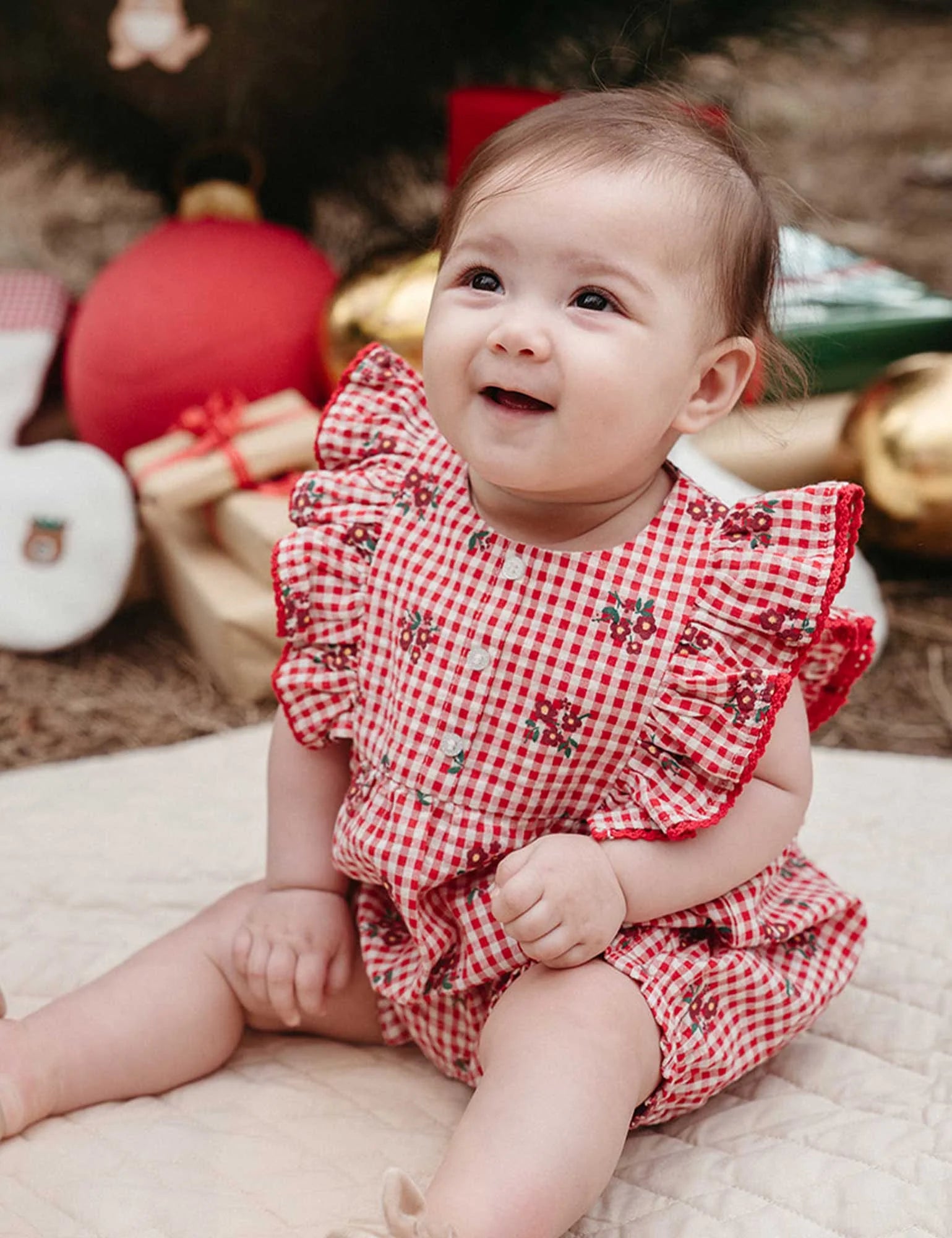 Festive Gingham Ruffle Romper