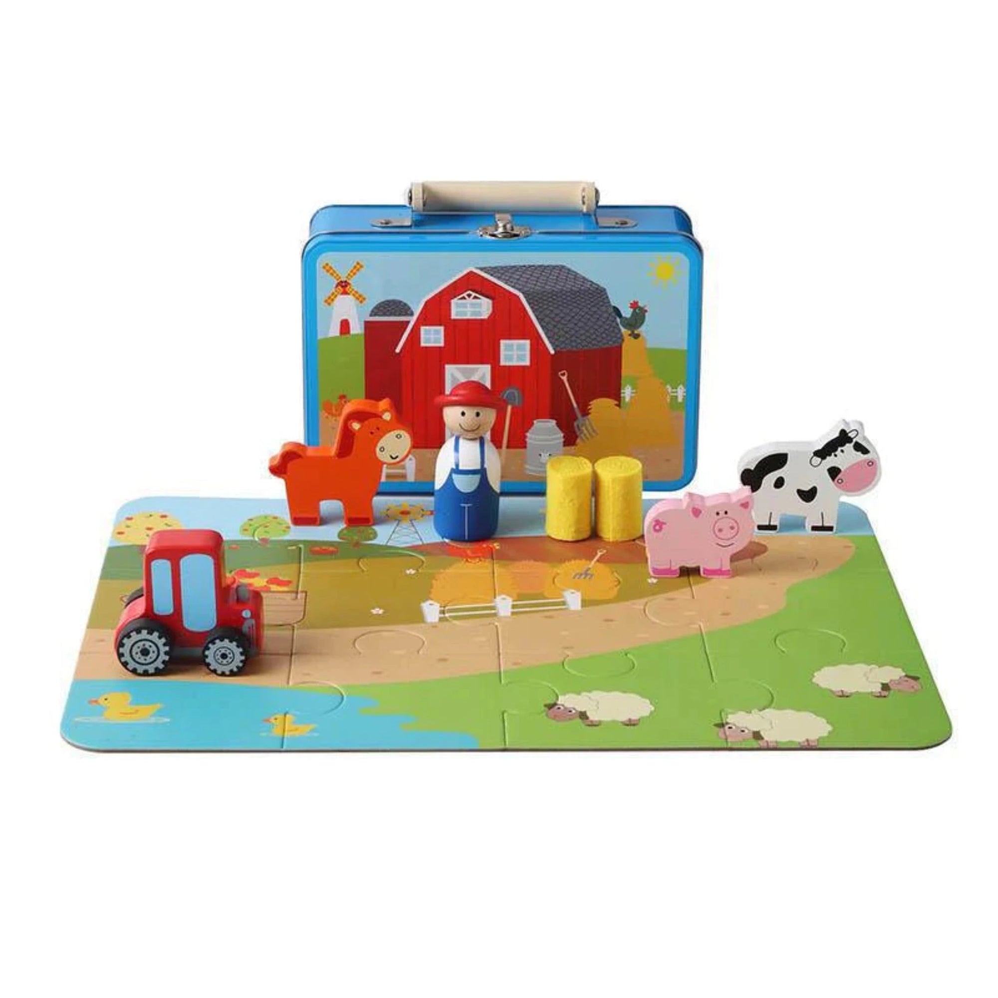 Wooden Farm Playset in a Tin