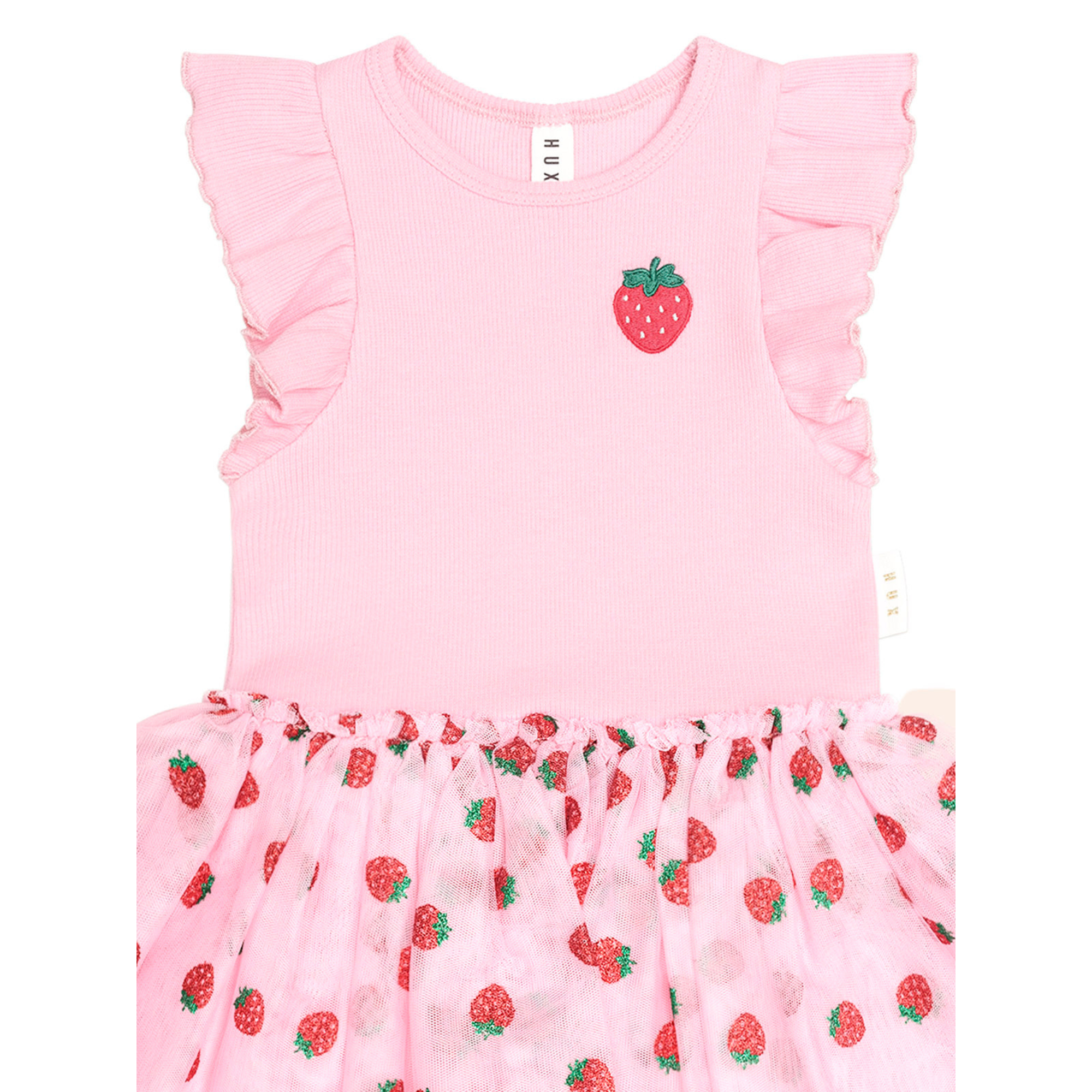 Huxbaby Strawberry Emb S/Slv Tulle Dress - Strawberry Crème