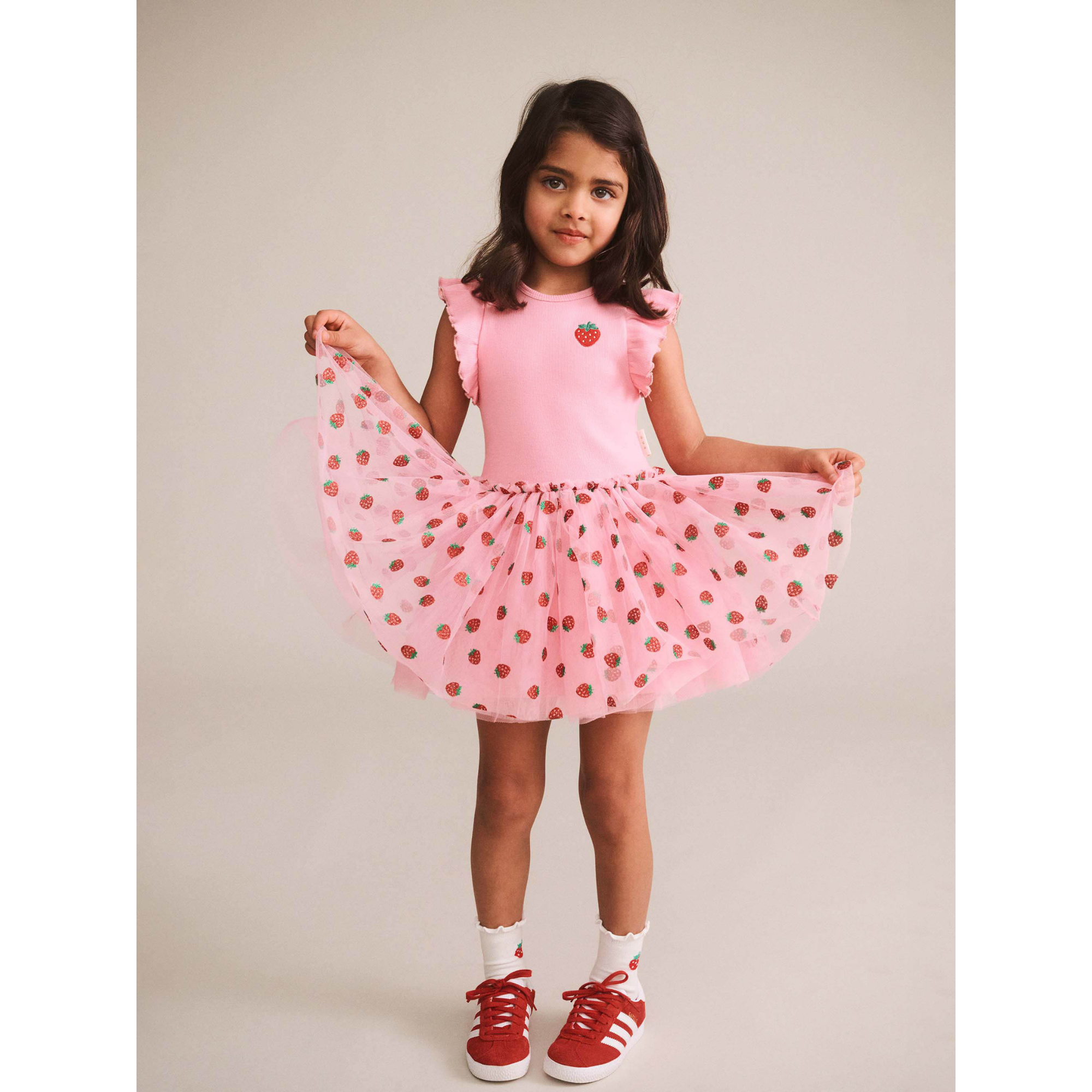 Huxbaby Strawberry Emb S/Slv Tulle Dress - Strawberry Crème