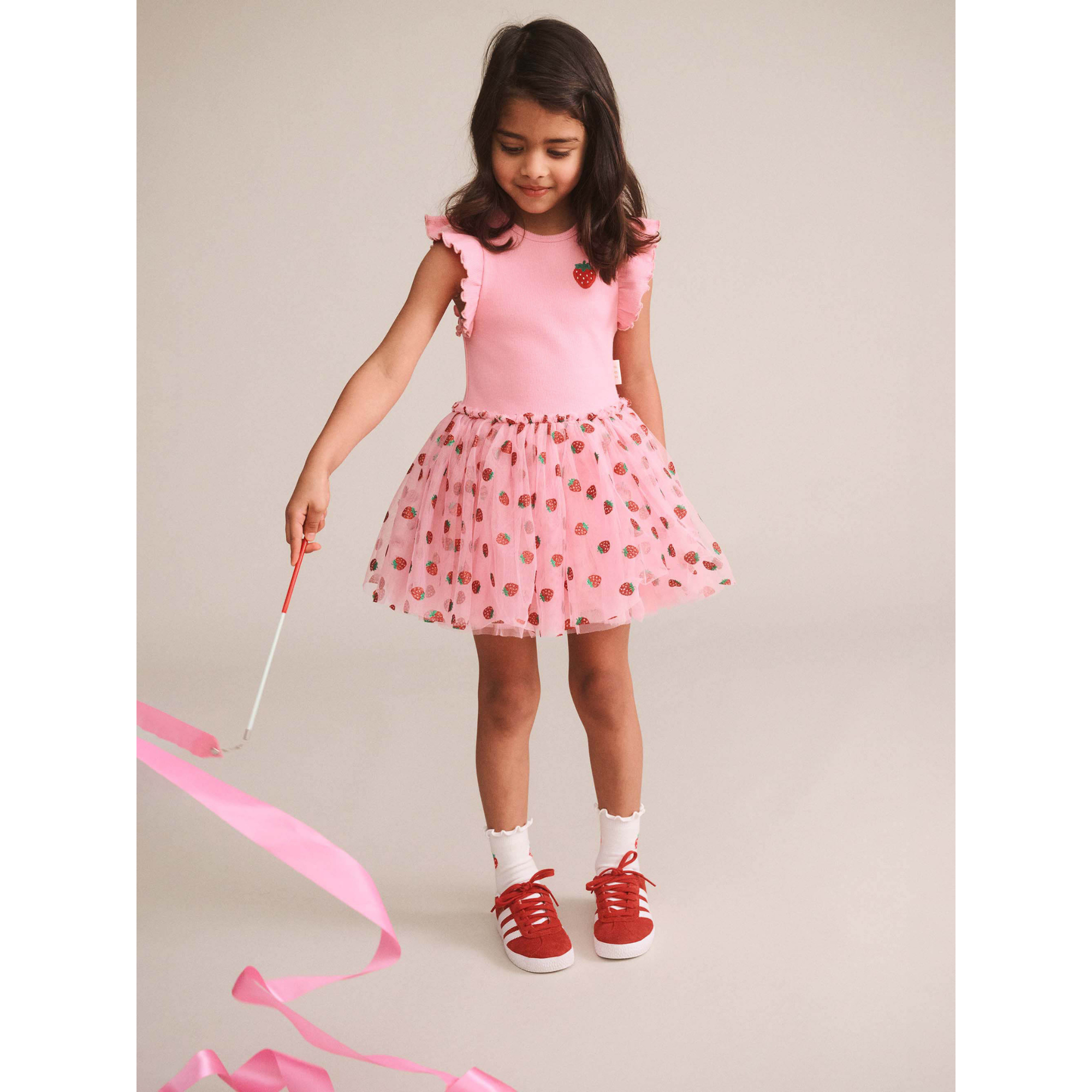 Huxbaby Strawberry Emb S/Slv Tulle Dress - Strawberry Crème
