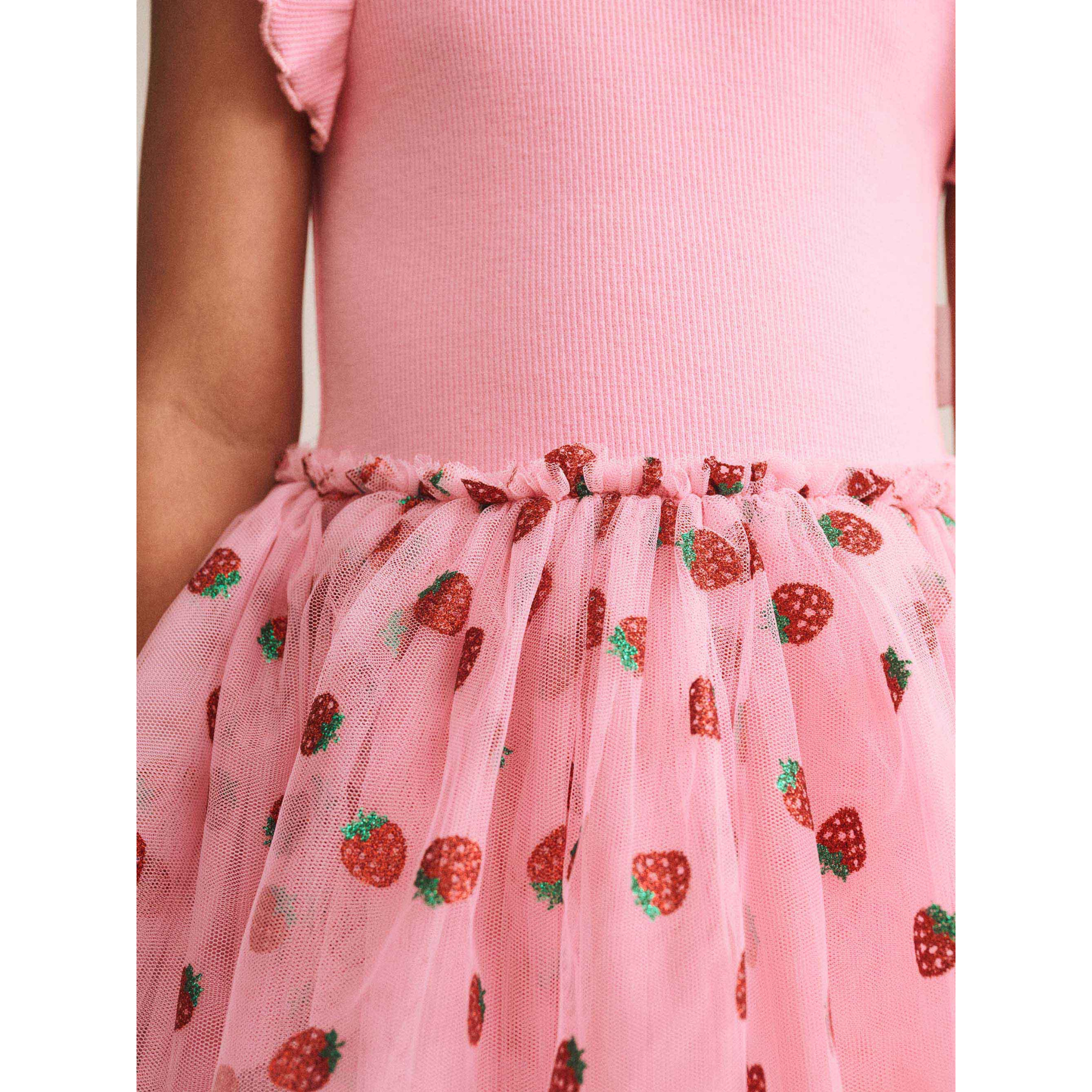 Huxbaby Strawberry Emb S/Slv Tulle Dress - Strawberry Crème