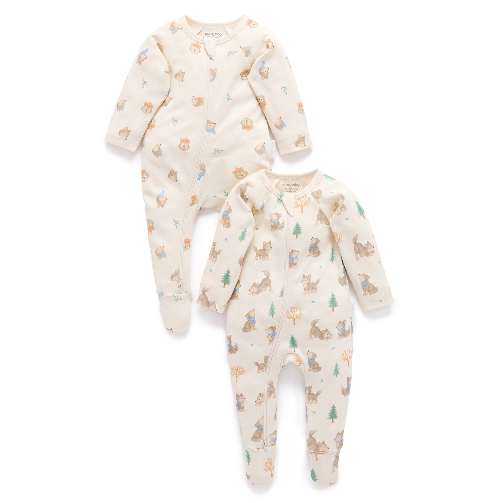 Purebaby 2 Pack Zip Growsuit -  Wolf Cub Print