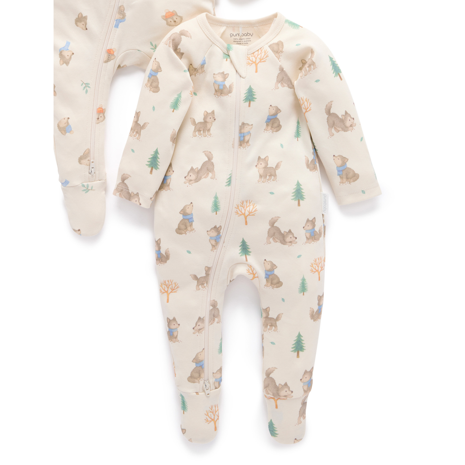 Purebaby 2 Pack Zip Growsuit -  Wolf Cub Print