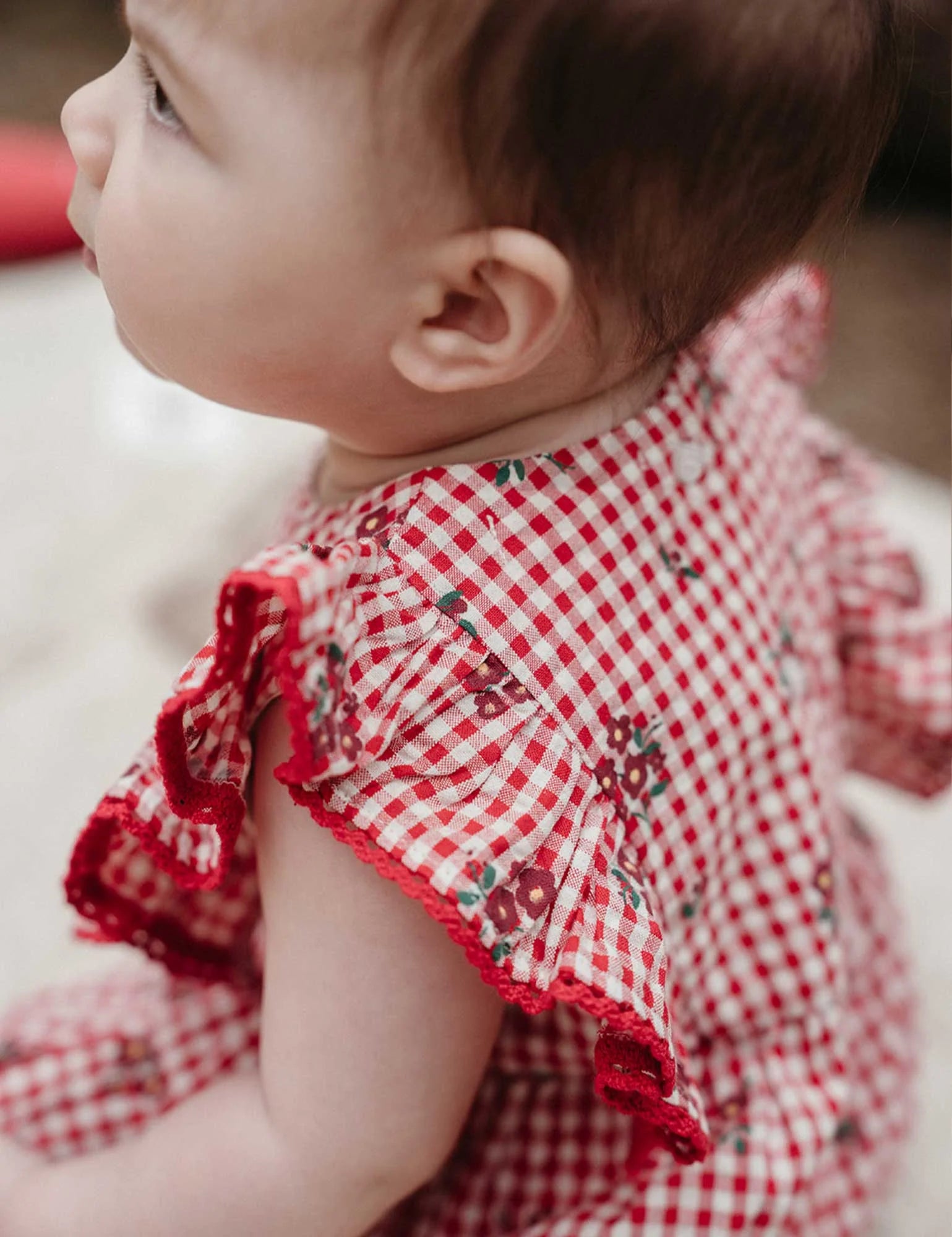 Festive Gingham Ruffle Romper
