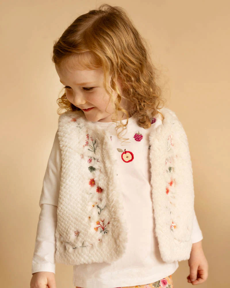 Orchard Bloom Embroidered Faux Fur Vest