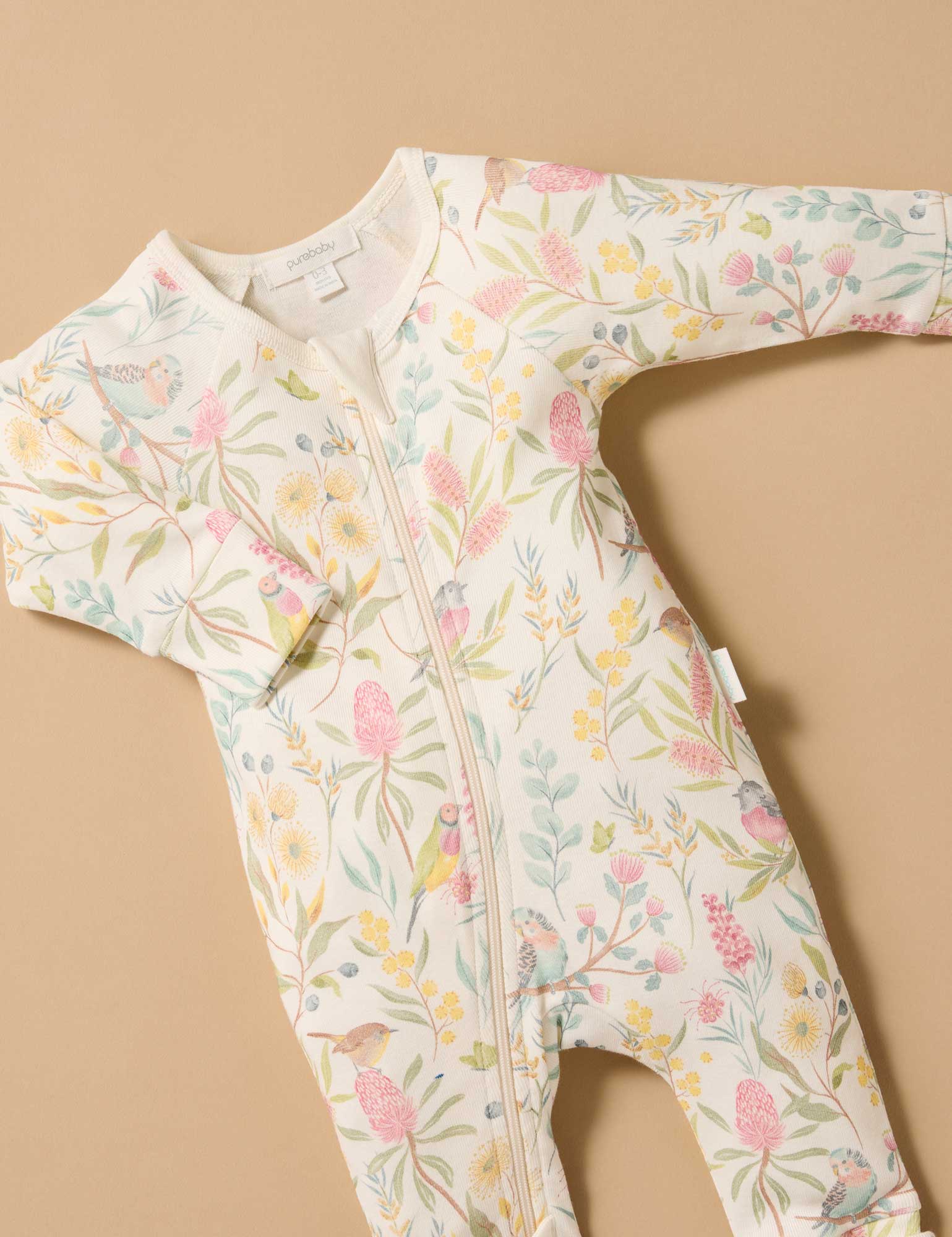 Purebaby Aviary Garden Zip Growsuit & Reversible Bib