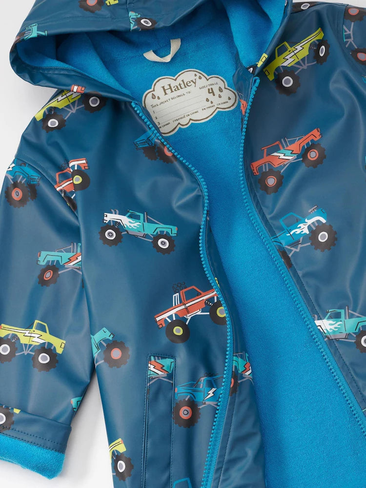 Hatley Monster Trucks Zip Up Rain Jacket - Moroccan Blue