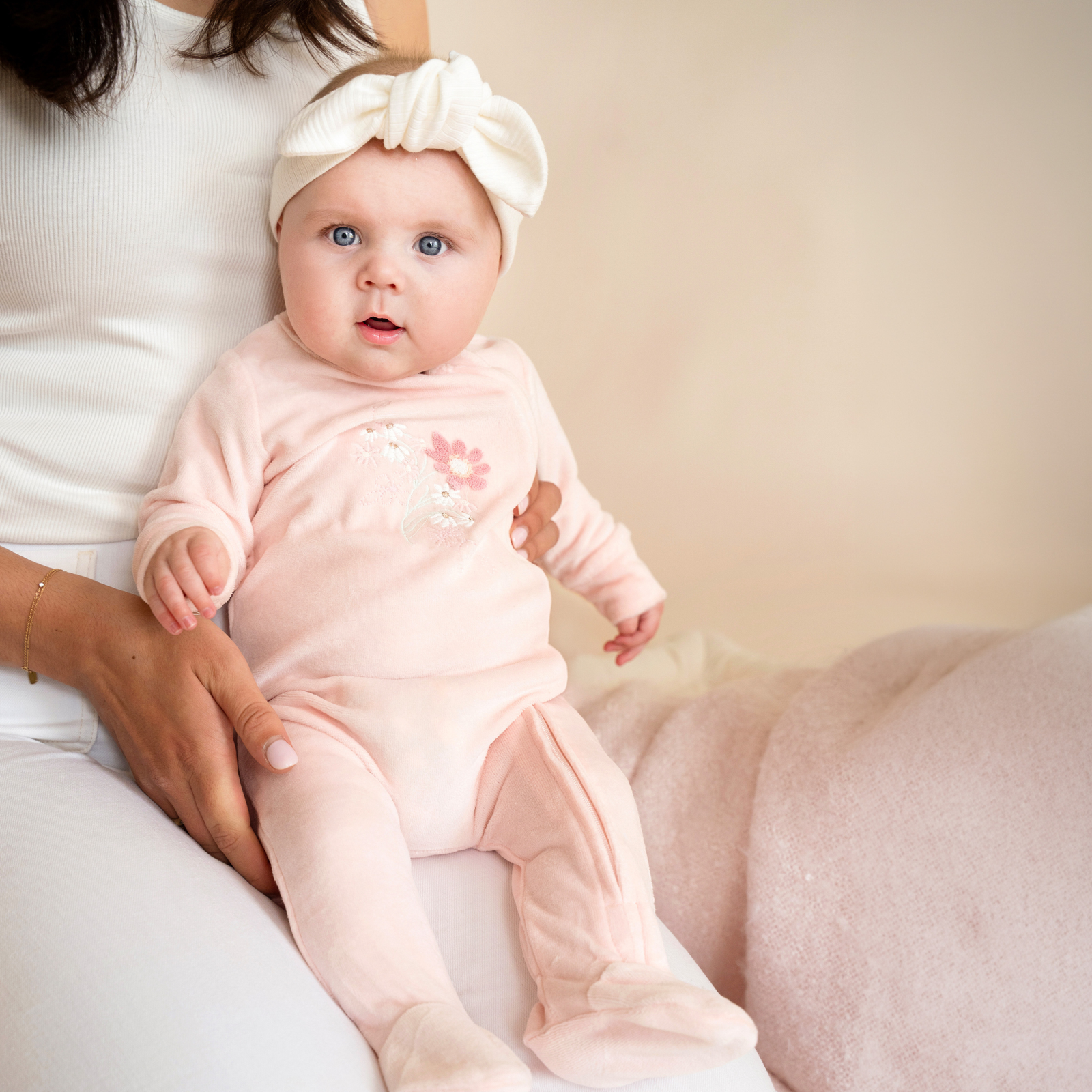 Bebe Fern Velour Embroidered Zip Onesie - Pale Pink