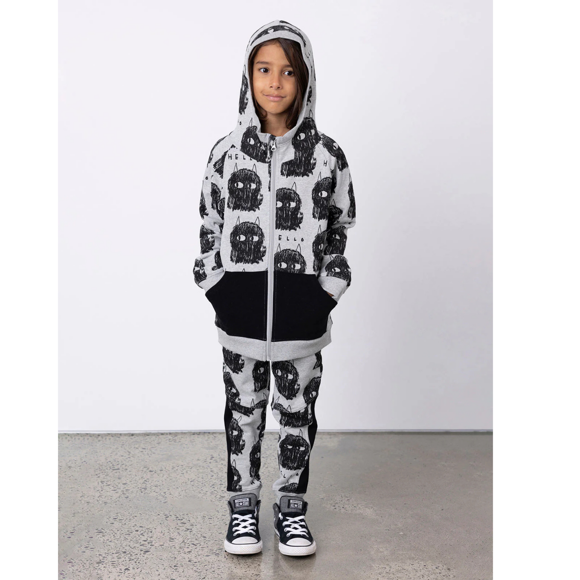 Minti - Hello Monsters Furry Zip Up - Grey Marle