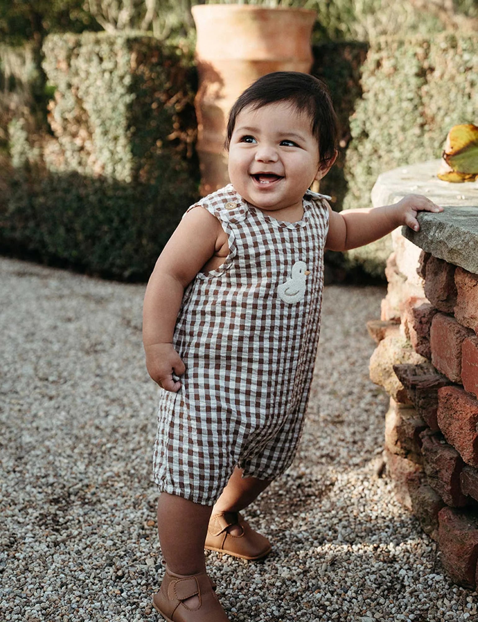 Ducky Gingham Romper - Milk Chocolate