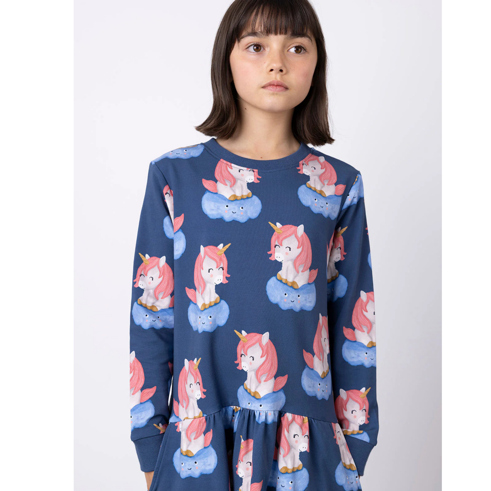 Minti Unicorns On A Cloud Dress - Navy