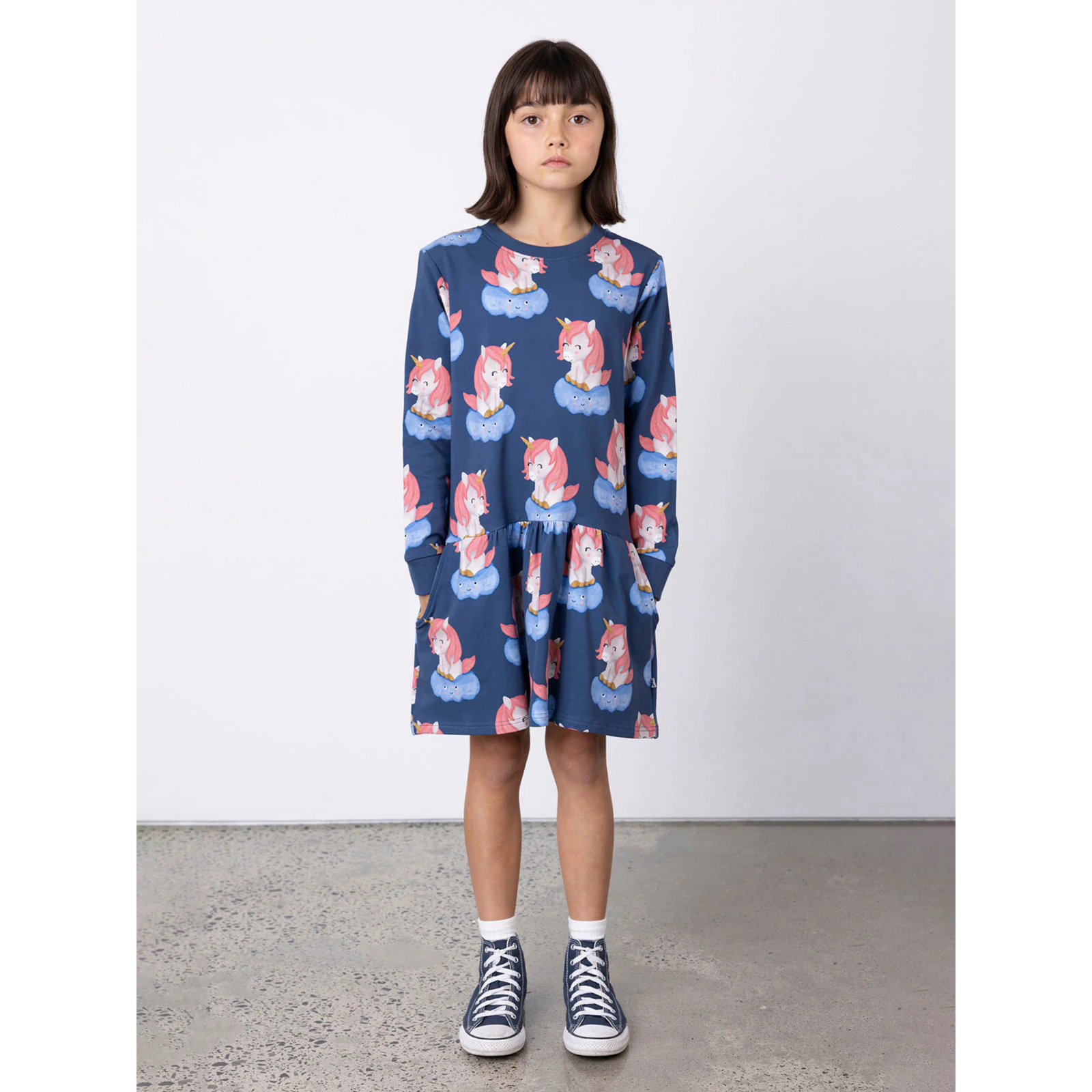 Minti Unicorns On A Cloud Dress - Navy