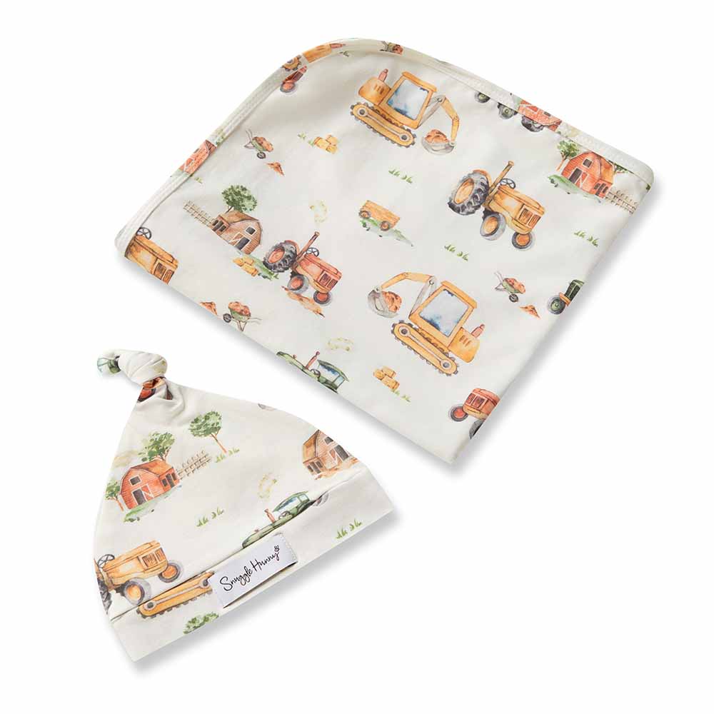 DIGGER &amp; TRACTORS  -Snuggle Hunny Organic Jersey Wrap &amp; Beanie Set