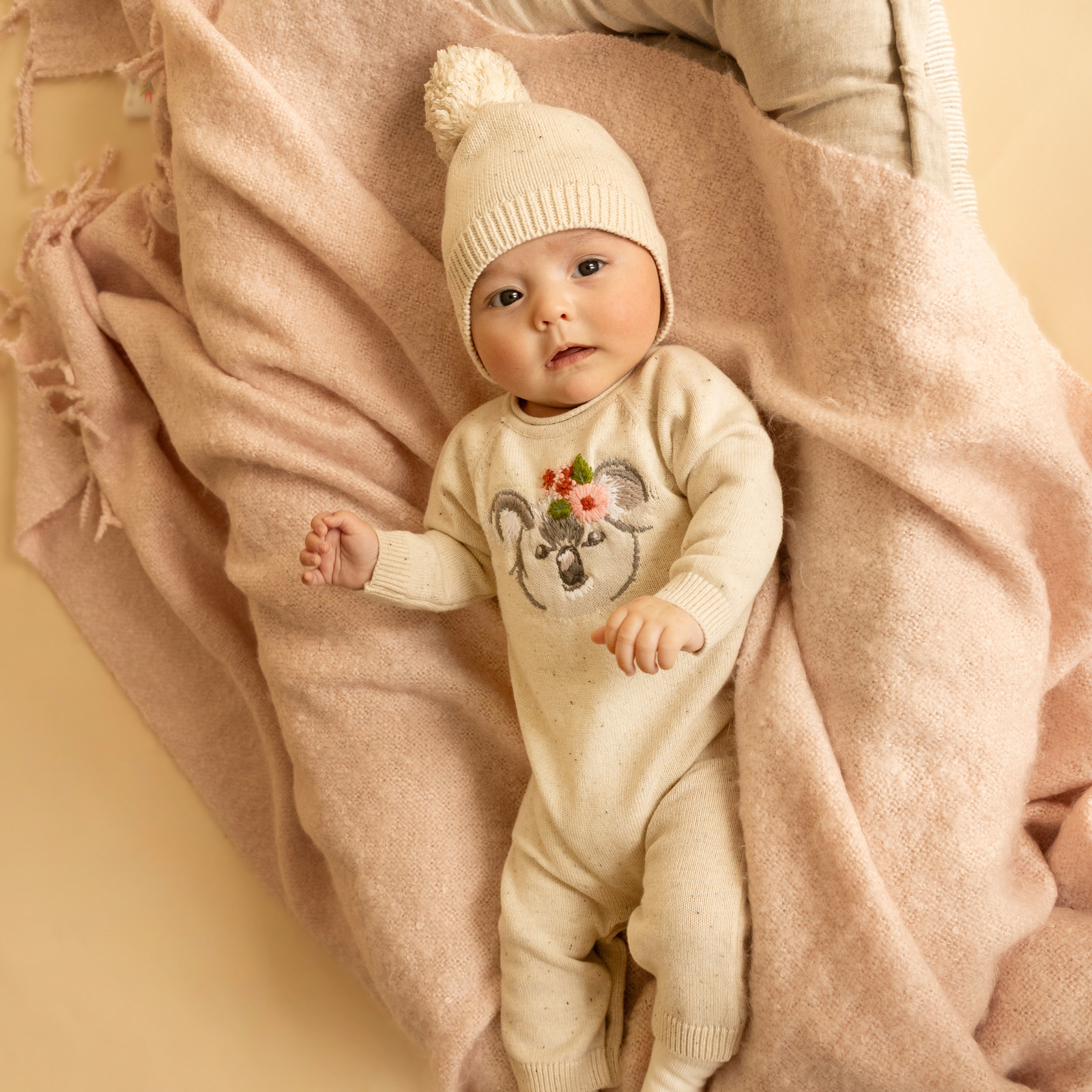 Bebe Charlie koala organic knitted romper - Cream Speckle