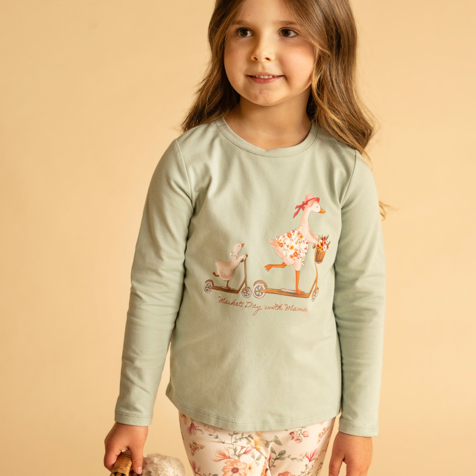 Bebe Emmy Ducks On Scooter Long Sleeve Tee - Dusky Sage