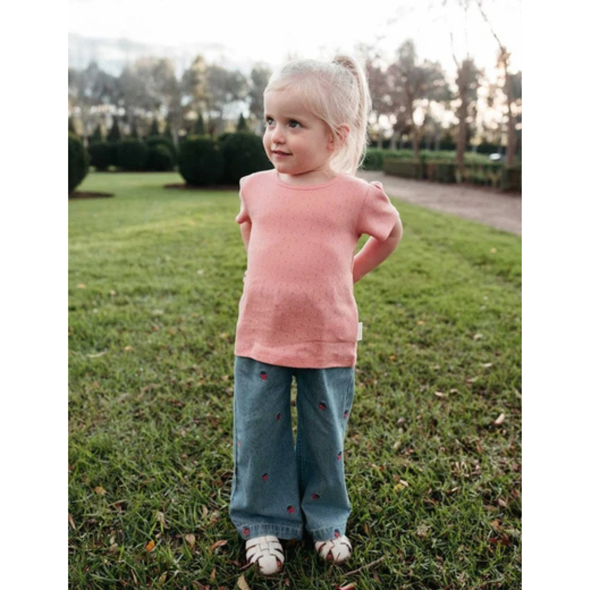 Purebaby Embroidered Wide Leg Jeans - Large Strawberry Broderie