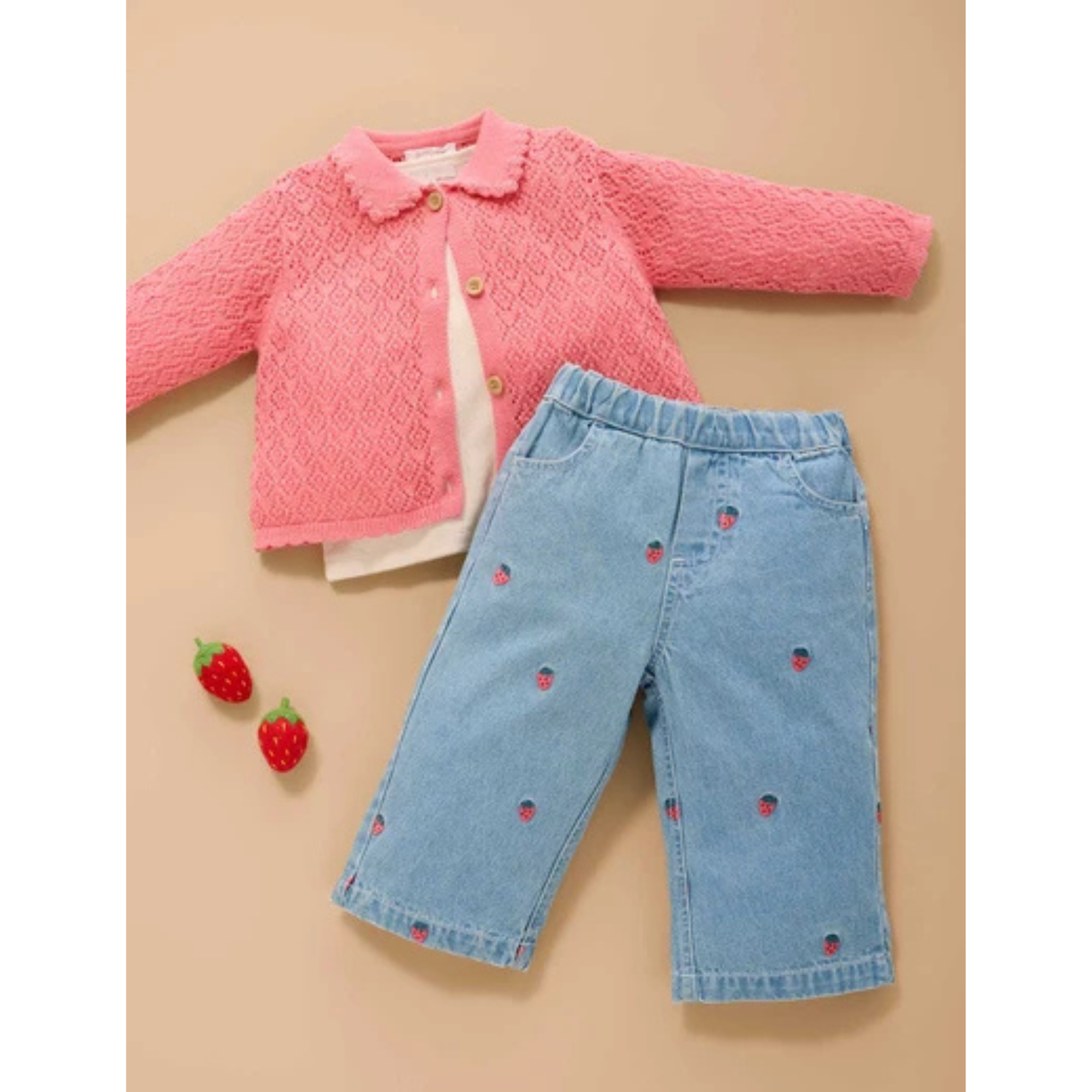 Purebaby Embroidered Wide Leg Jeans - Large Strawberry Broderie