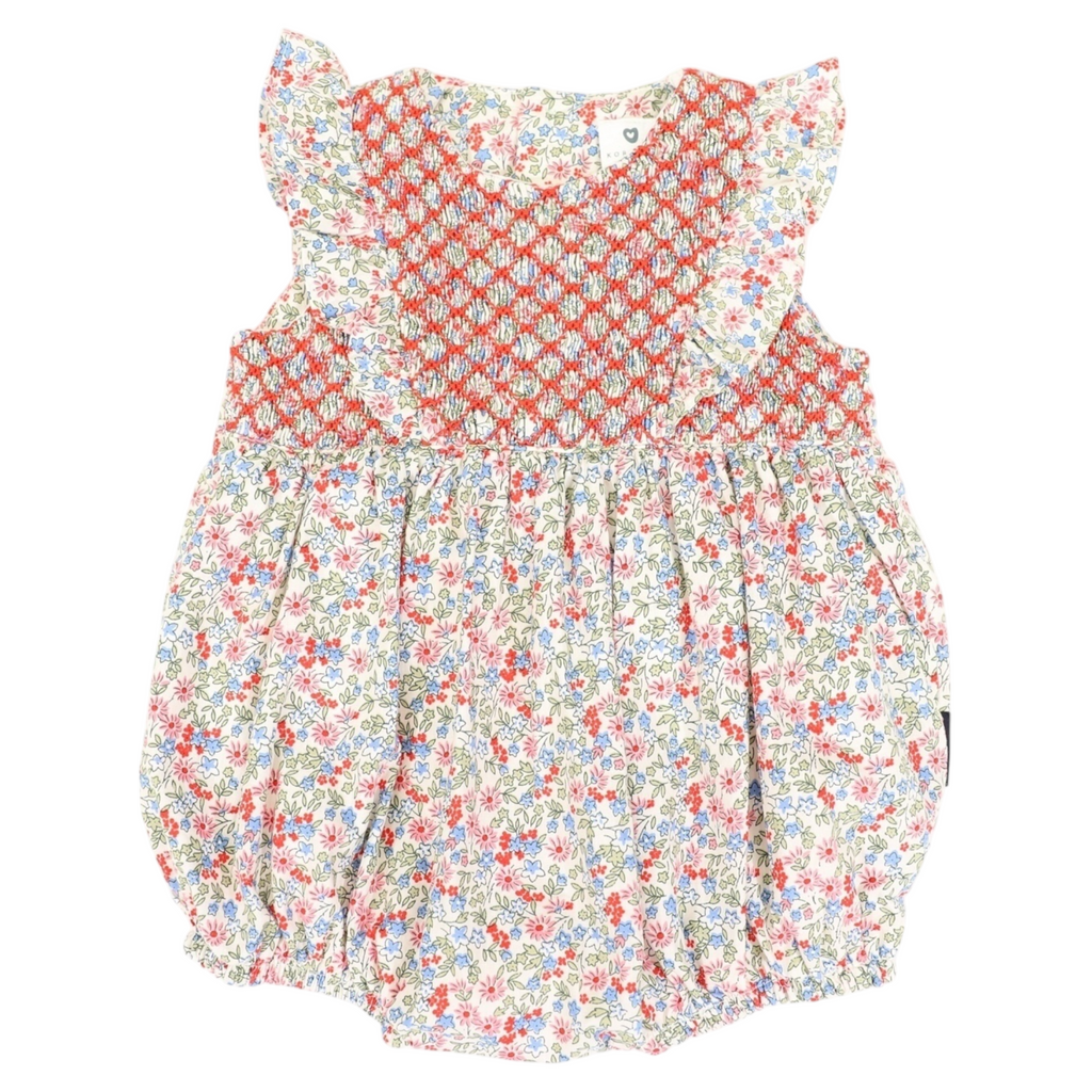 Floral Smocked Sunsuit - Red Floral