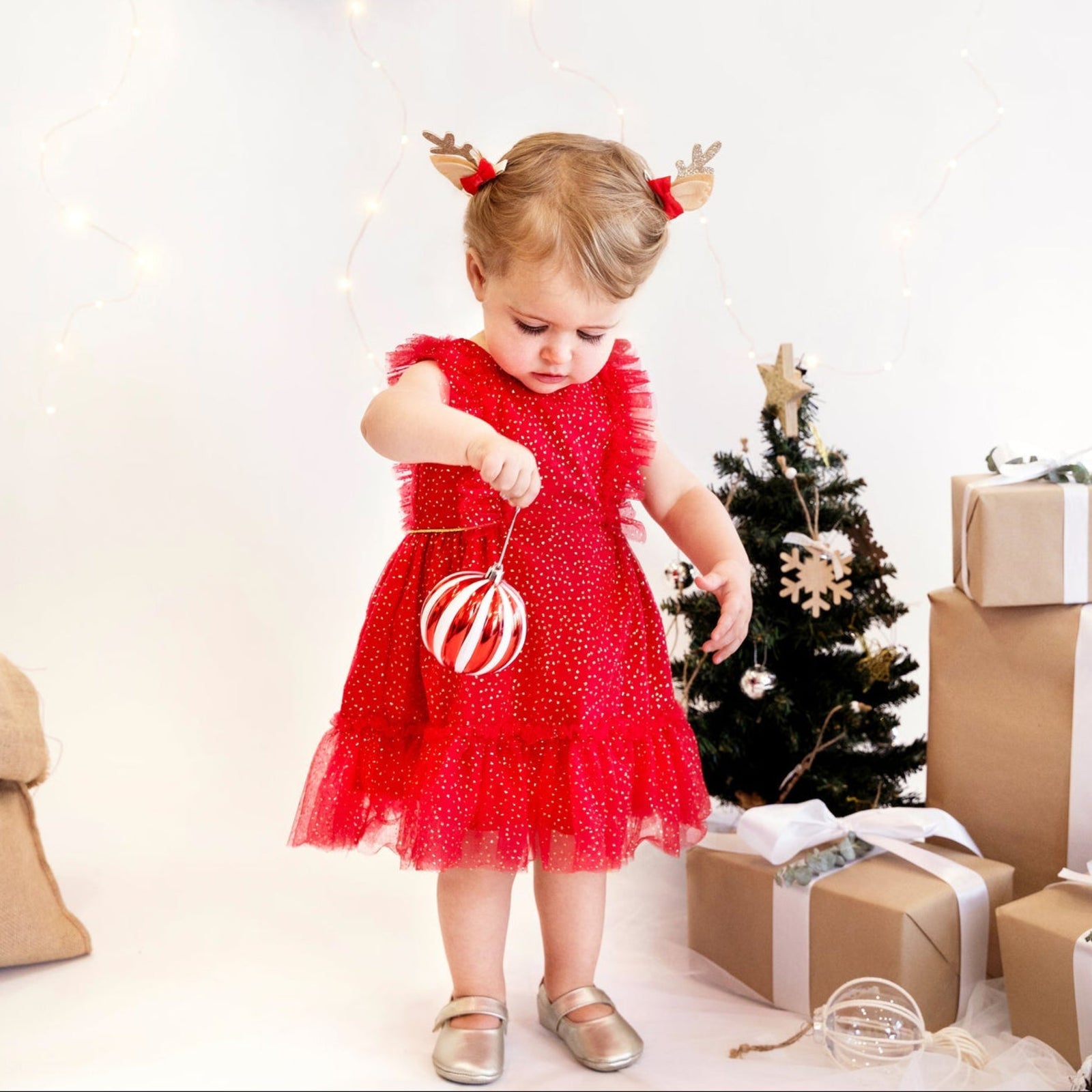 Bebe Festive Glitter Dress - Red/Gold