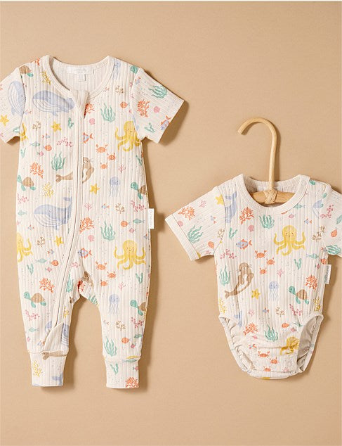 Purebaby Rib Zip Growsuit Happy in the Sea Print