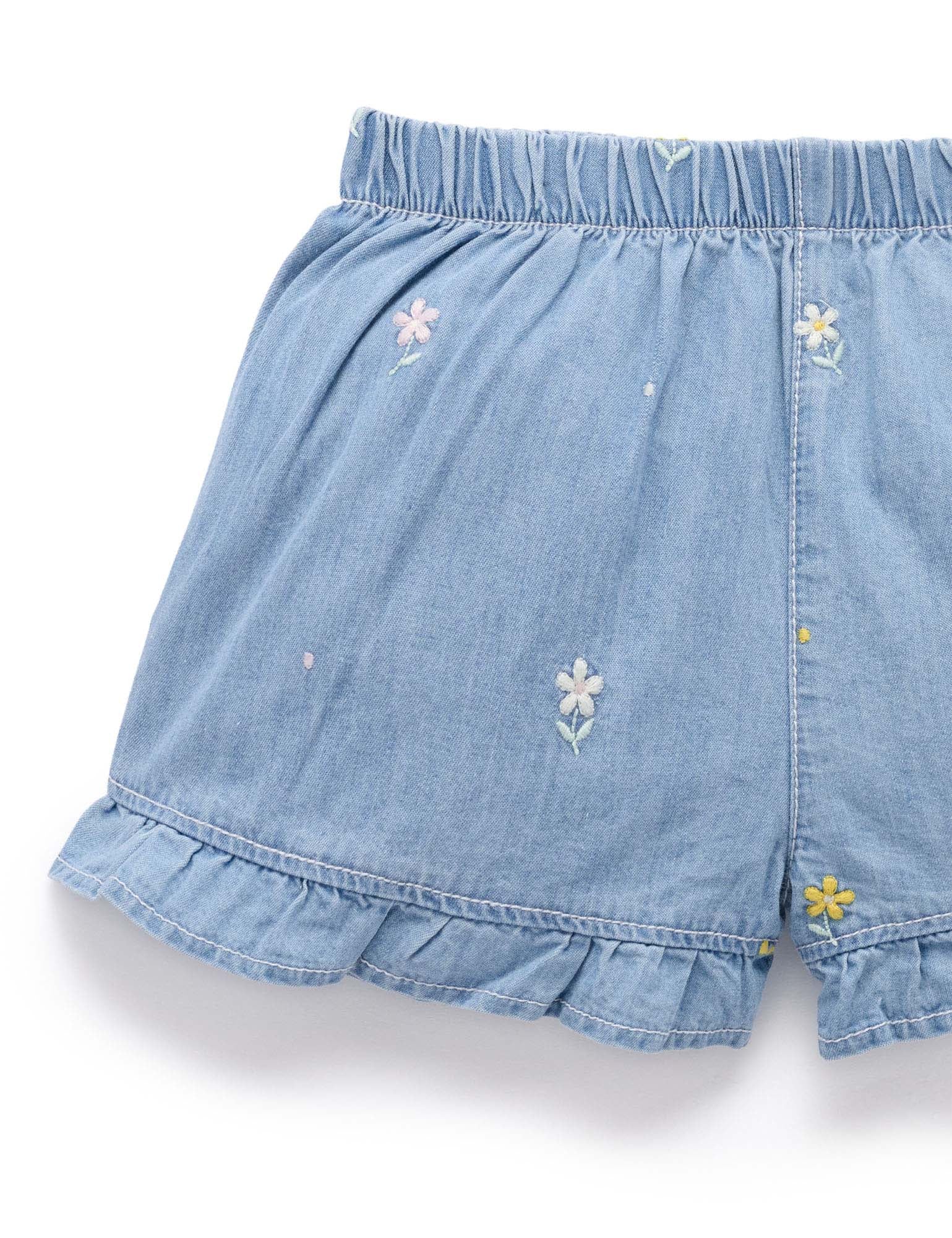 Purebaby Embroidered Shorts - Denim Daisy Broderie