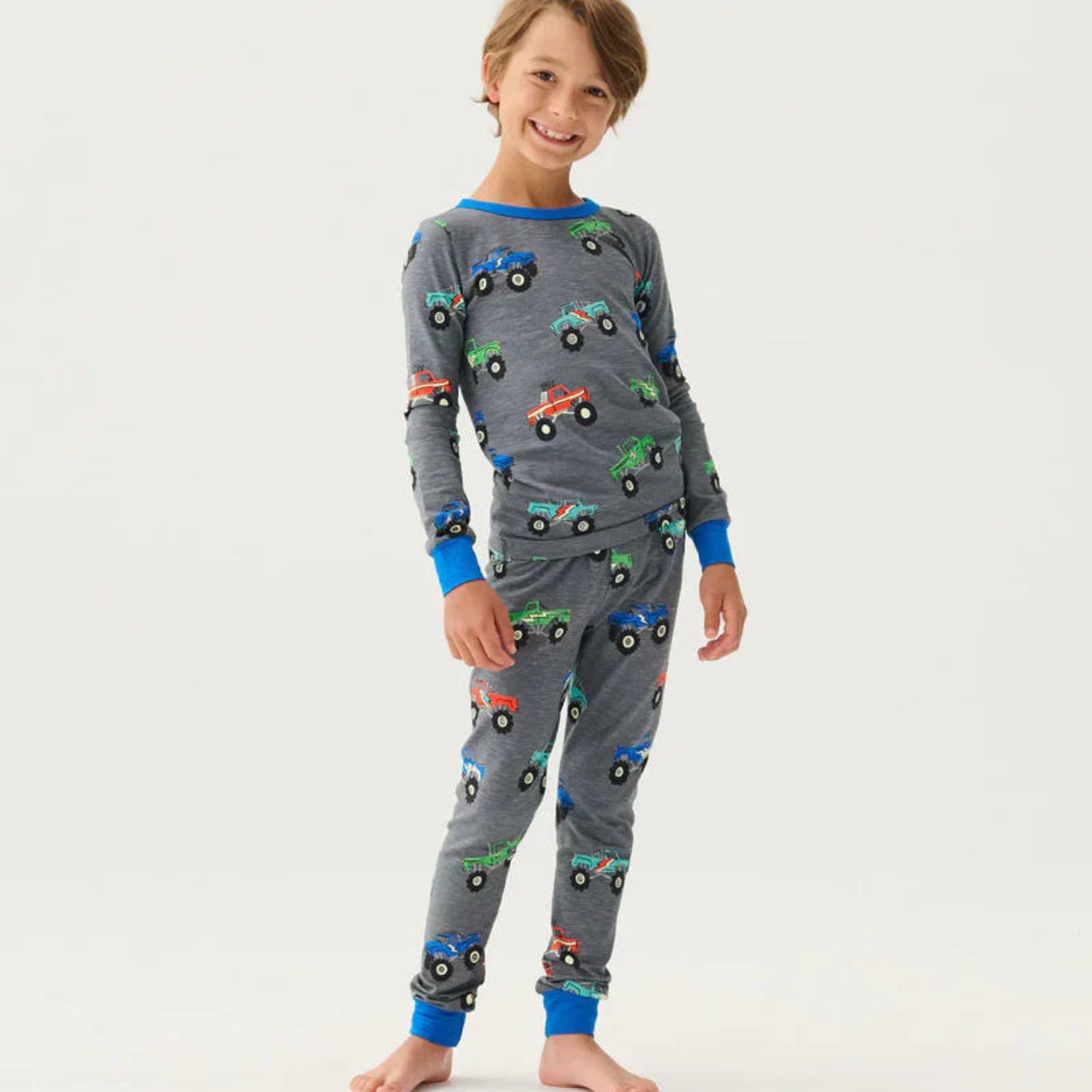 Hatley Monster Trucks Stretch Cotton Pajama Set - Folkstone Gray