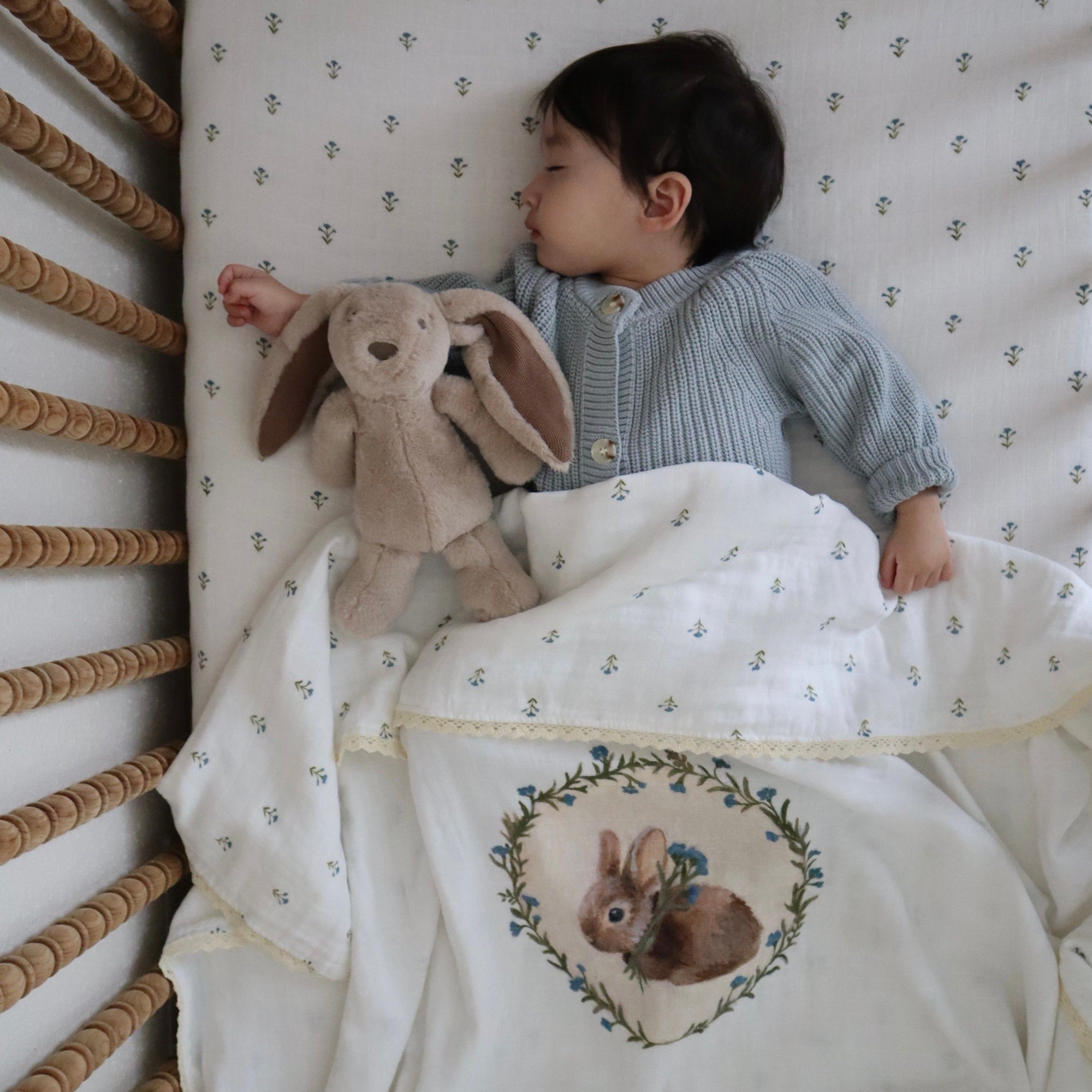 Fledge And Thread Heirloom blanket - Bunny and blue floral